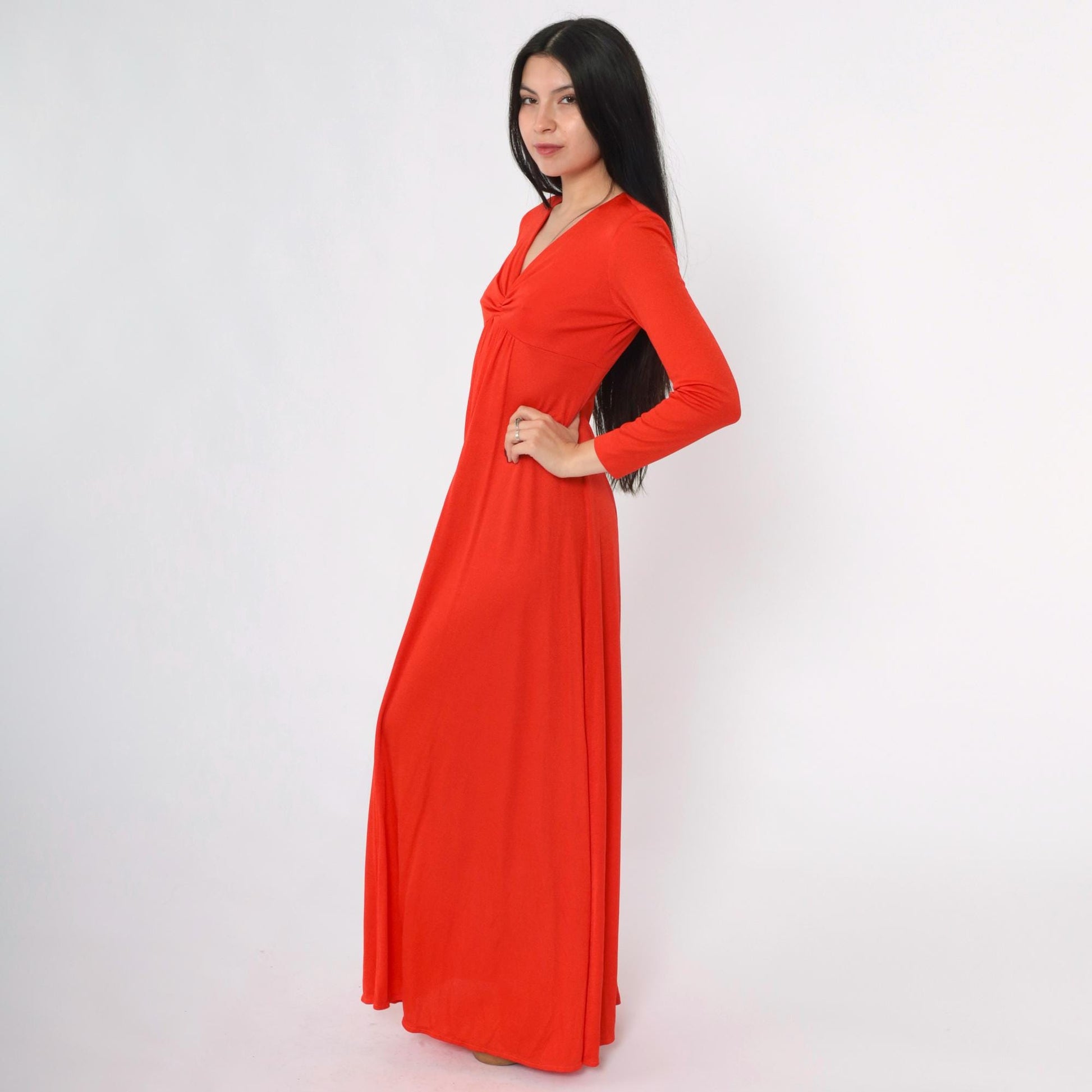 70s Red Maxi Dress Empire Waist V-Neck Long Sleeve Small S
