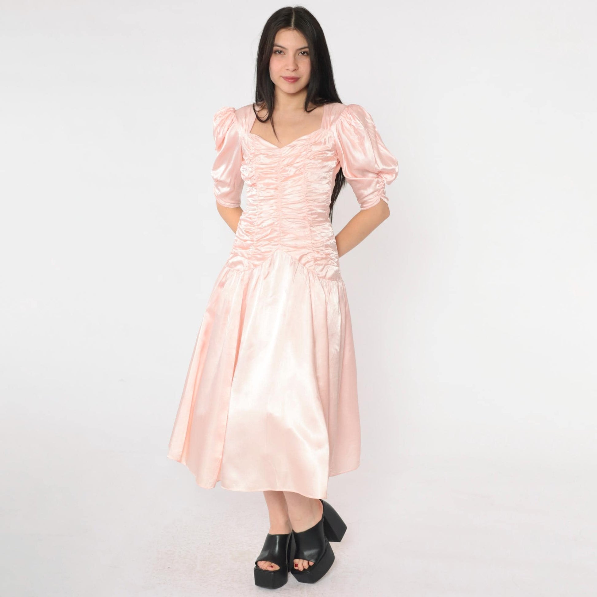 80s Jessica McClintock Gunne Sax Pink Satin Midi Dress Puff Sleeve Open Back Extra Small