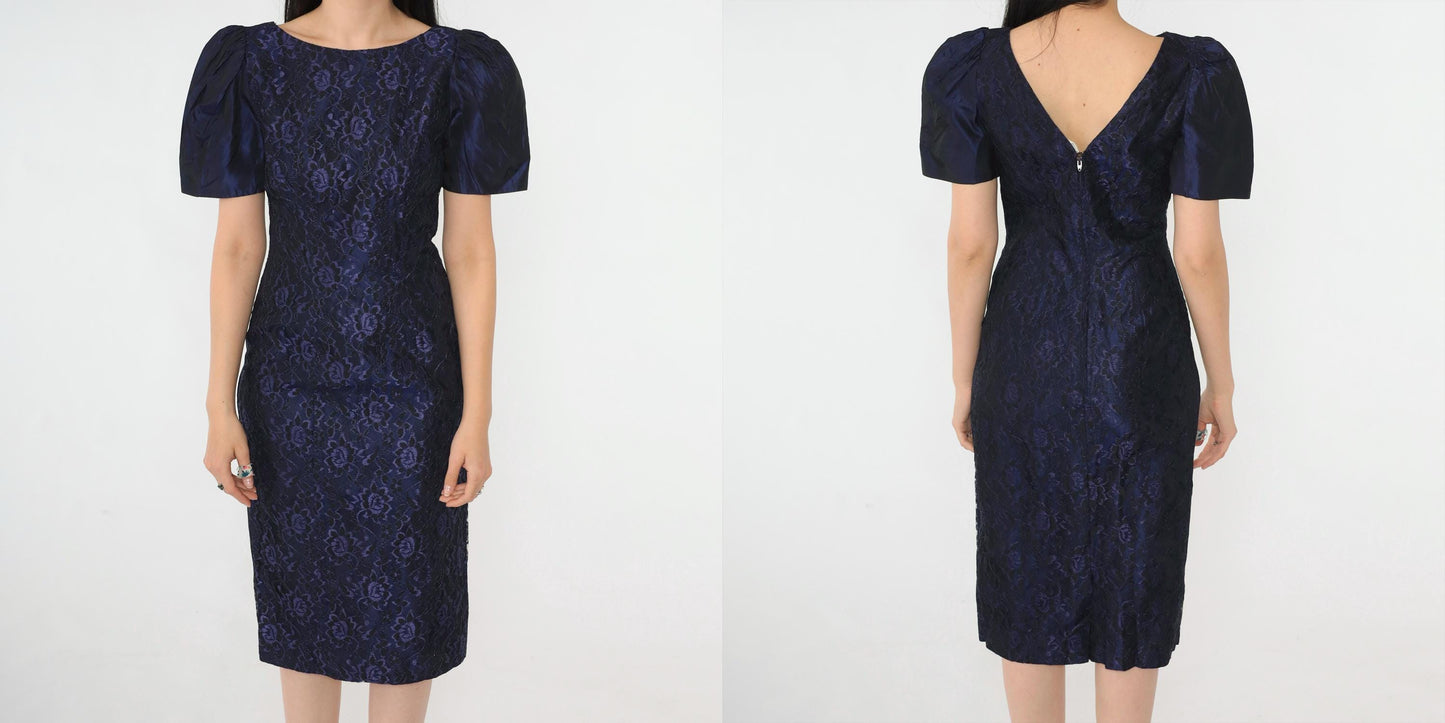 80s Purple Taffeta Lace Sheath Dress Puff Sleeve Boat Neck Knee Length Extra Small