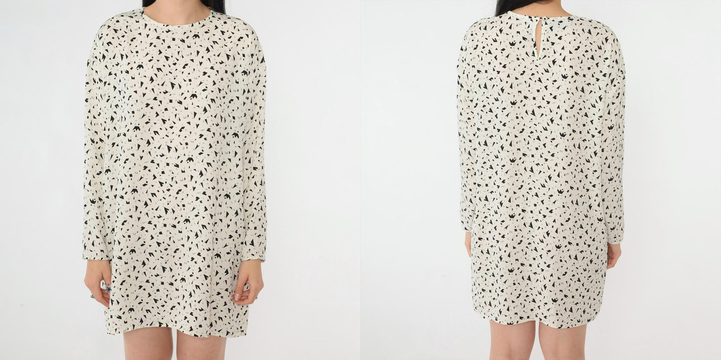 80s Evan-Picone Geometric Confetti Mini Dress Long Sleeve White Black Medium Large
