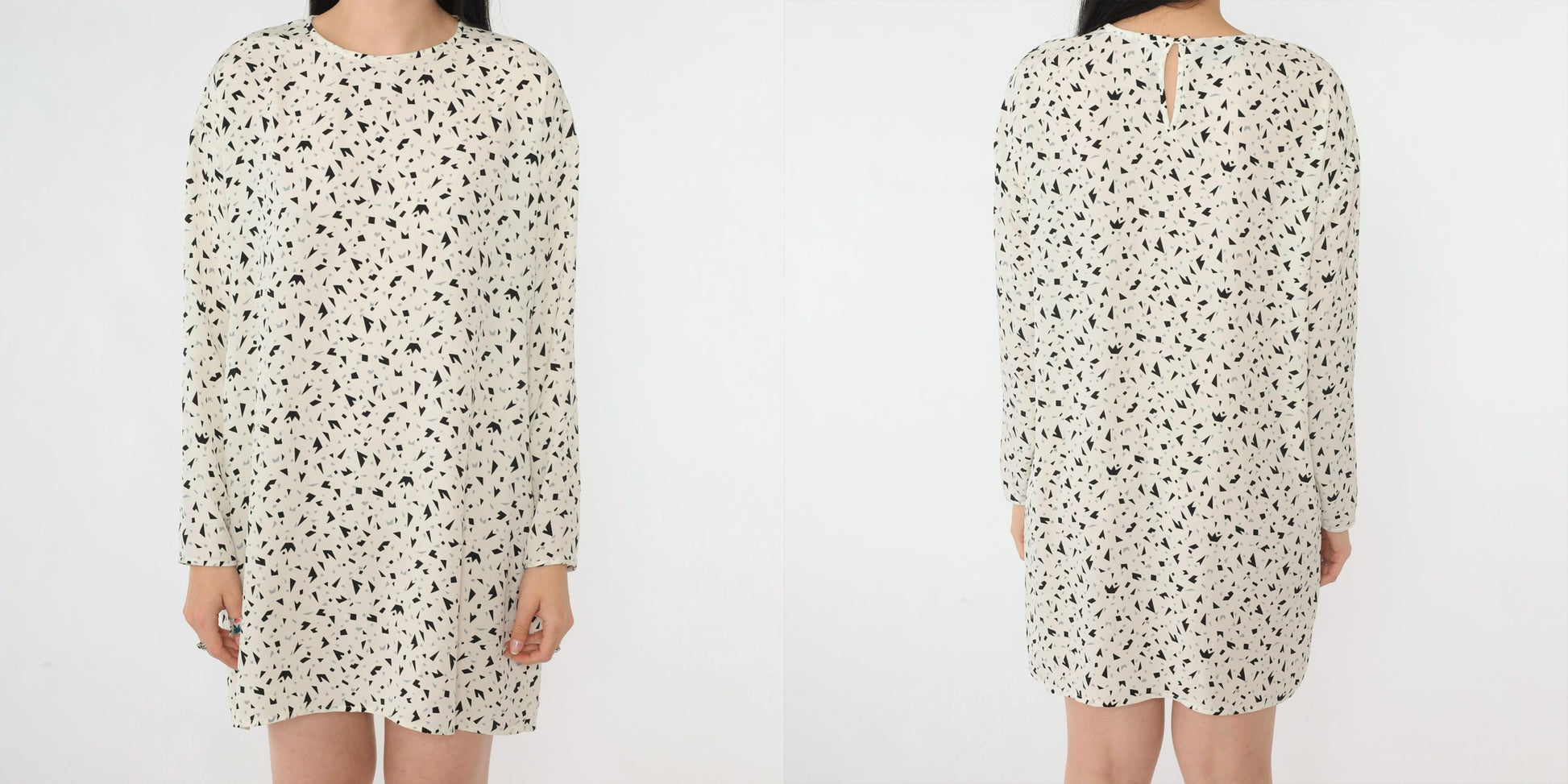 80s Evan-Picone Geometric Confetti Mini Dress Long Sleeve White Black Medium Large