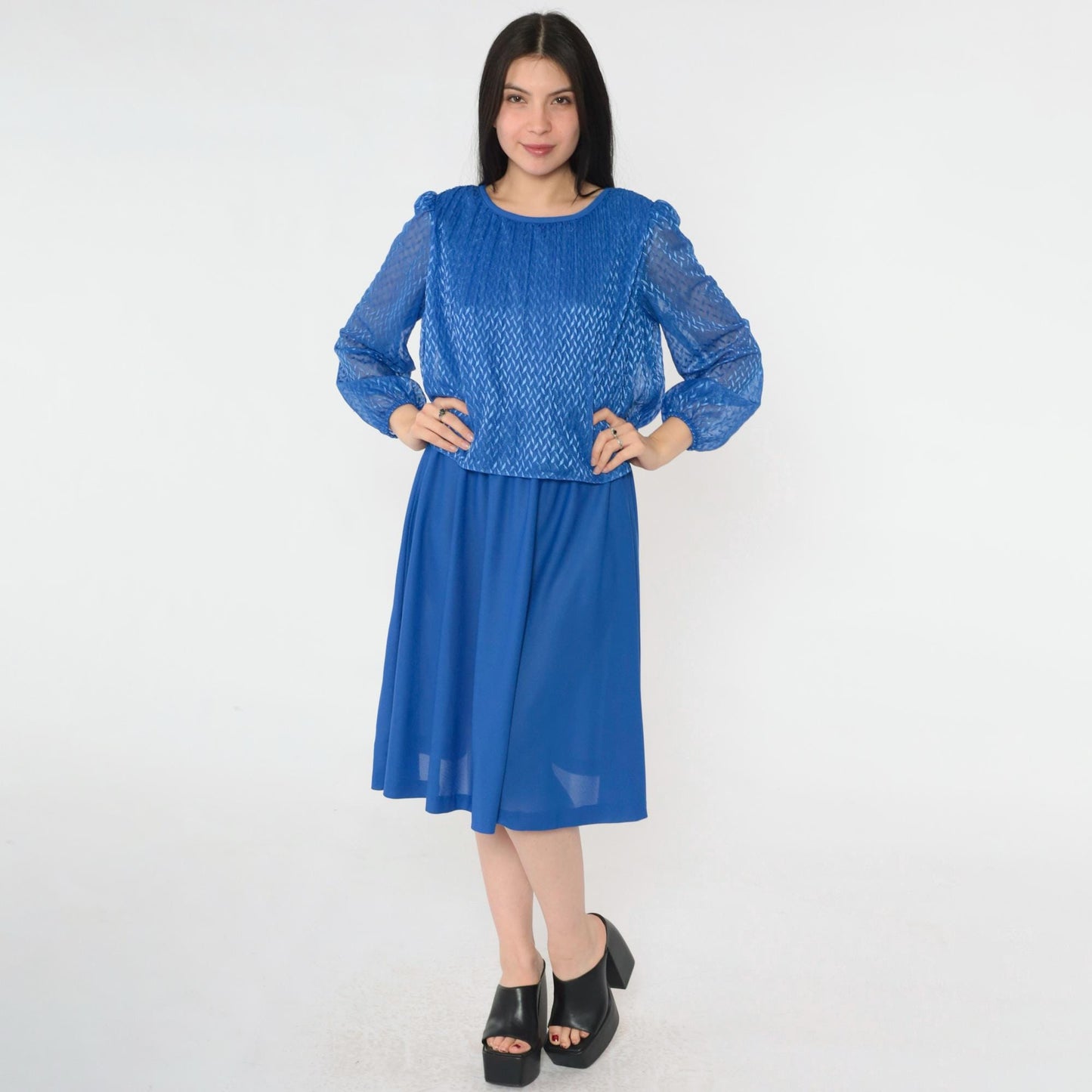 80s Royal Blue Midi Dress Puff Sleeve High Waist Pleated Bodice Small