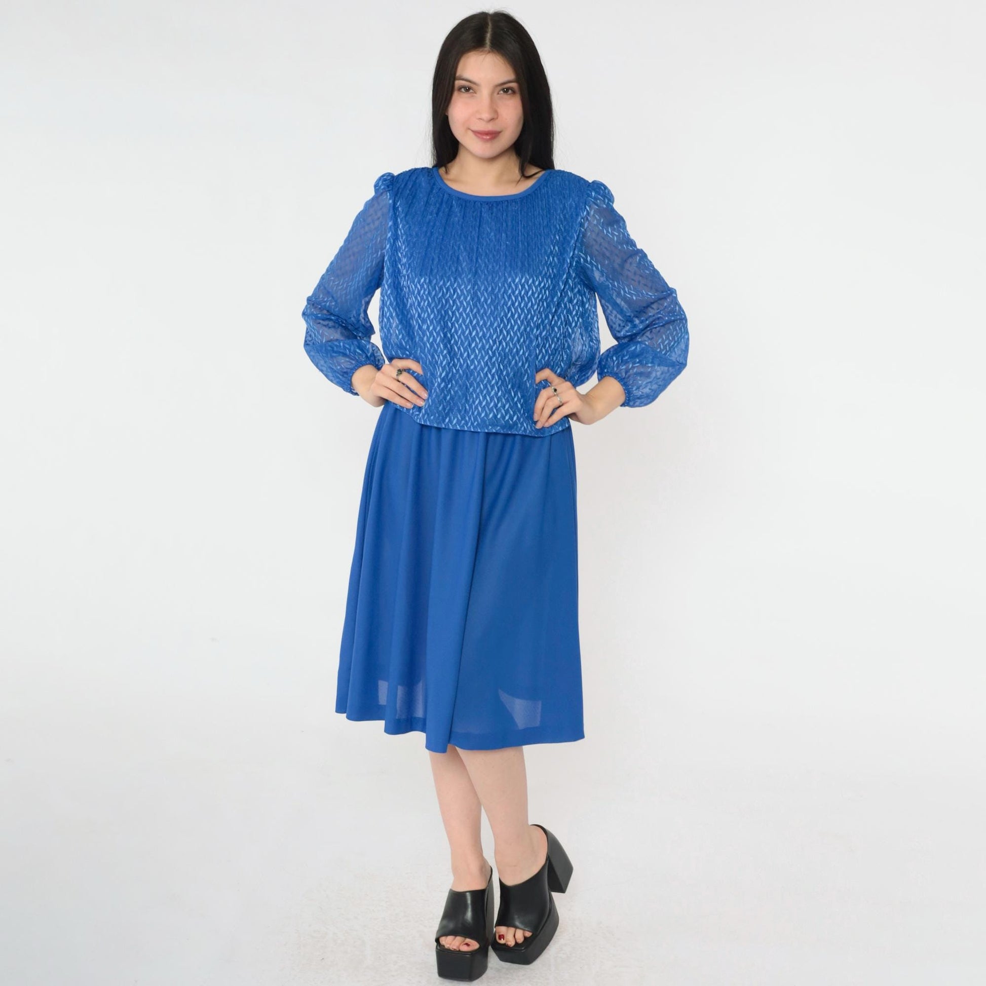 80s Royal Blue Midi Dress Puff Sleeve High Waist Pleated Bodice Small