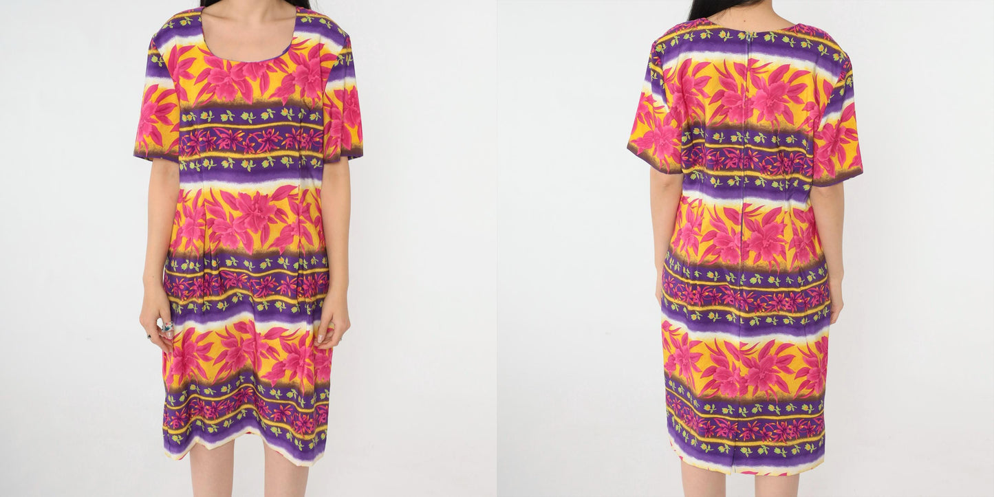 90s Sag Harbor Floral Striped Shift Dress Short Sleeve Mini Scoop Neck Large