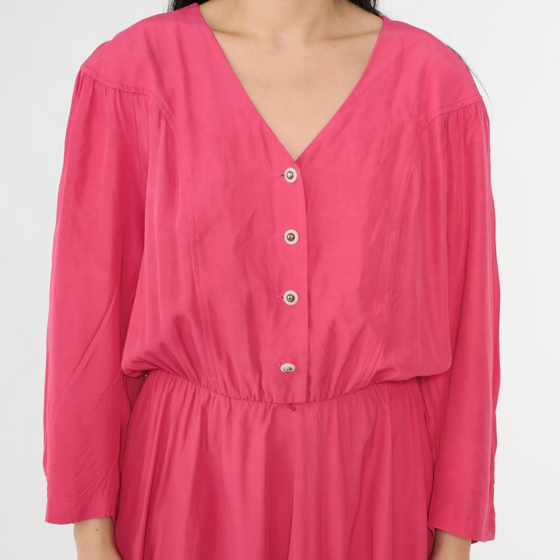 80s S.L. Fashions Hot Pink Button-Up Midi Dress V-Neck Long Sleeve Large