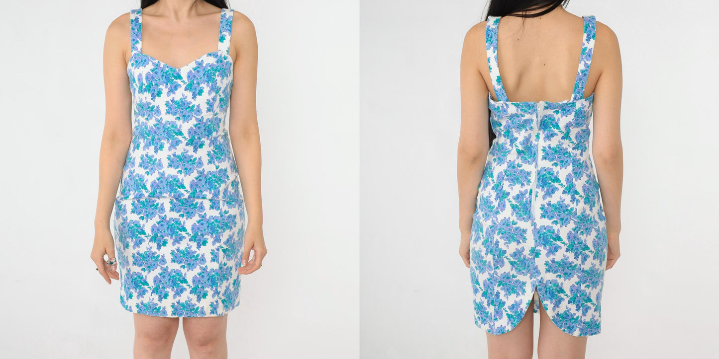 90s Floral Bodycon Mini Dress Sweetheart Neckline White Blue Small S