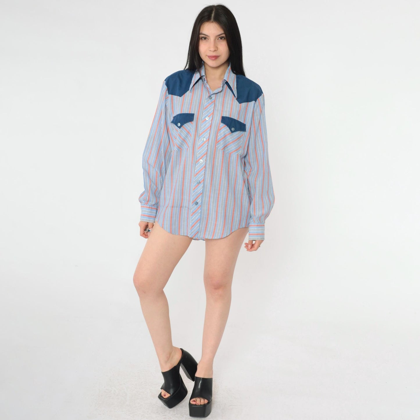 70s Western Shirt Blue Orange Striped Pearl Snap Dagger Collar Men's Medium
