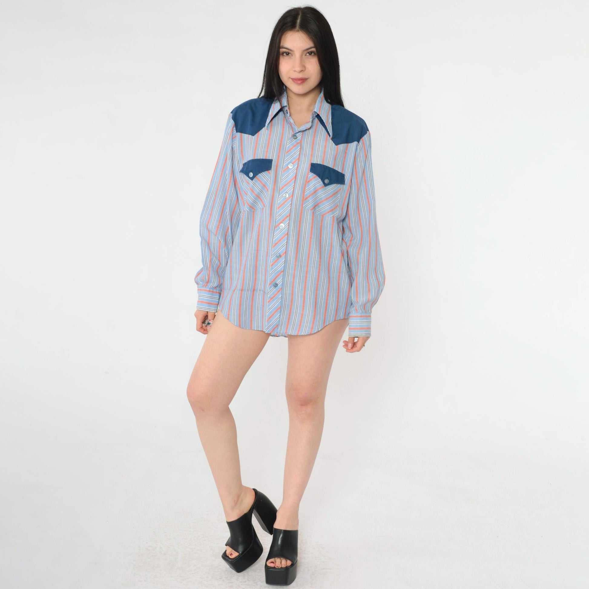 70s Western Shirt Blue Orange Striped Pearl Snap Dagger Collar Men's Medium