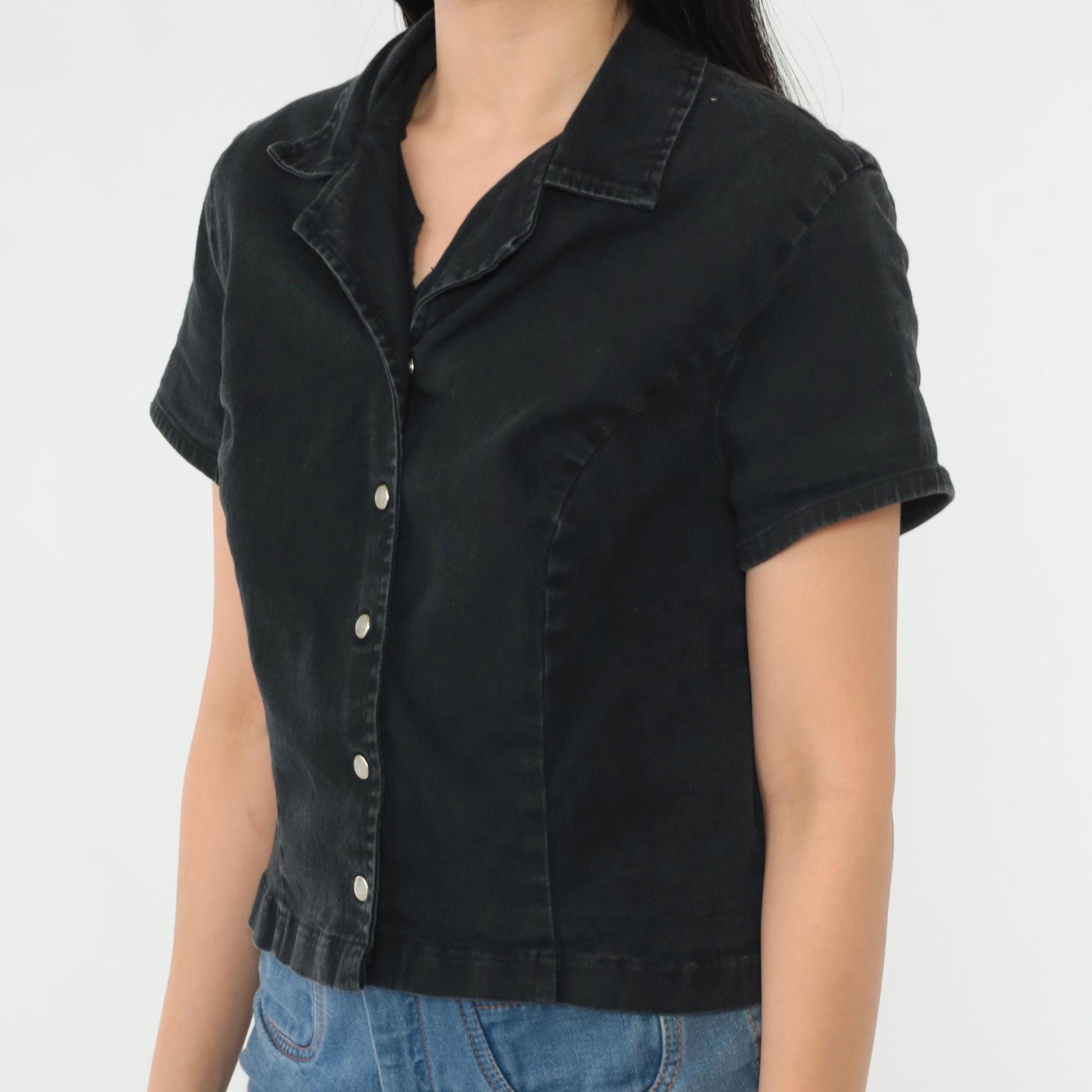 90s Black Pearl Snap Button Blouse Short Sleeve Fitted Crop Small S
