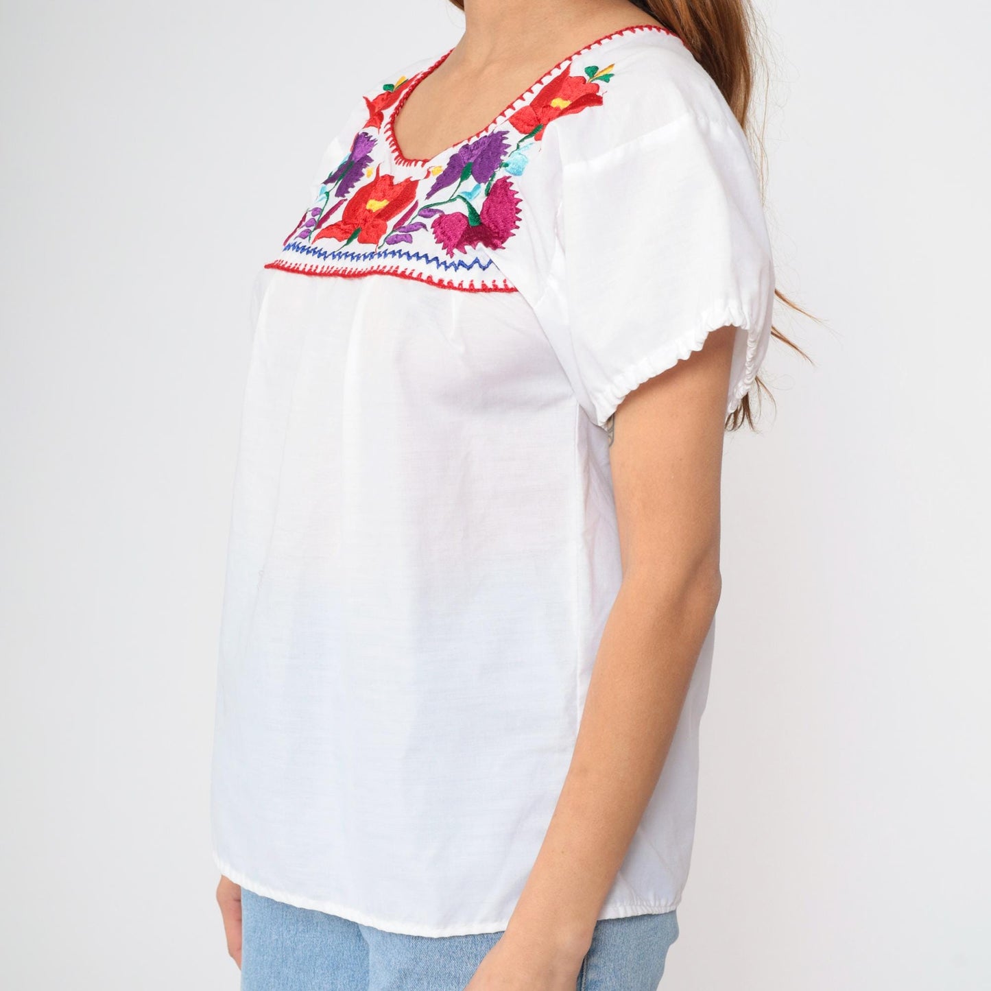 90s Mexican Floral Embroidered Blouse White Short Sleeve Small
