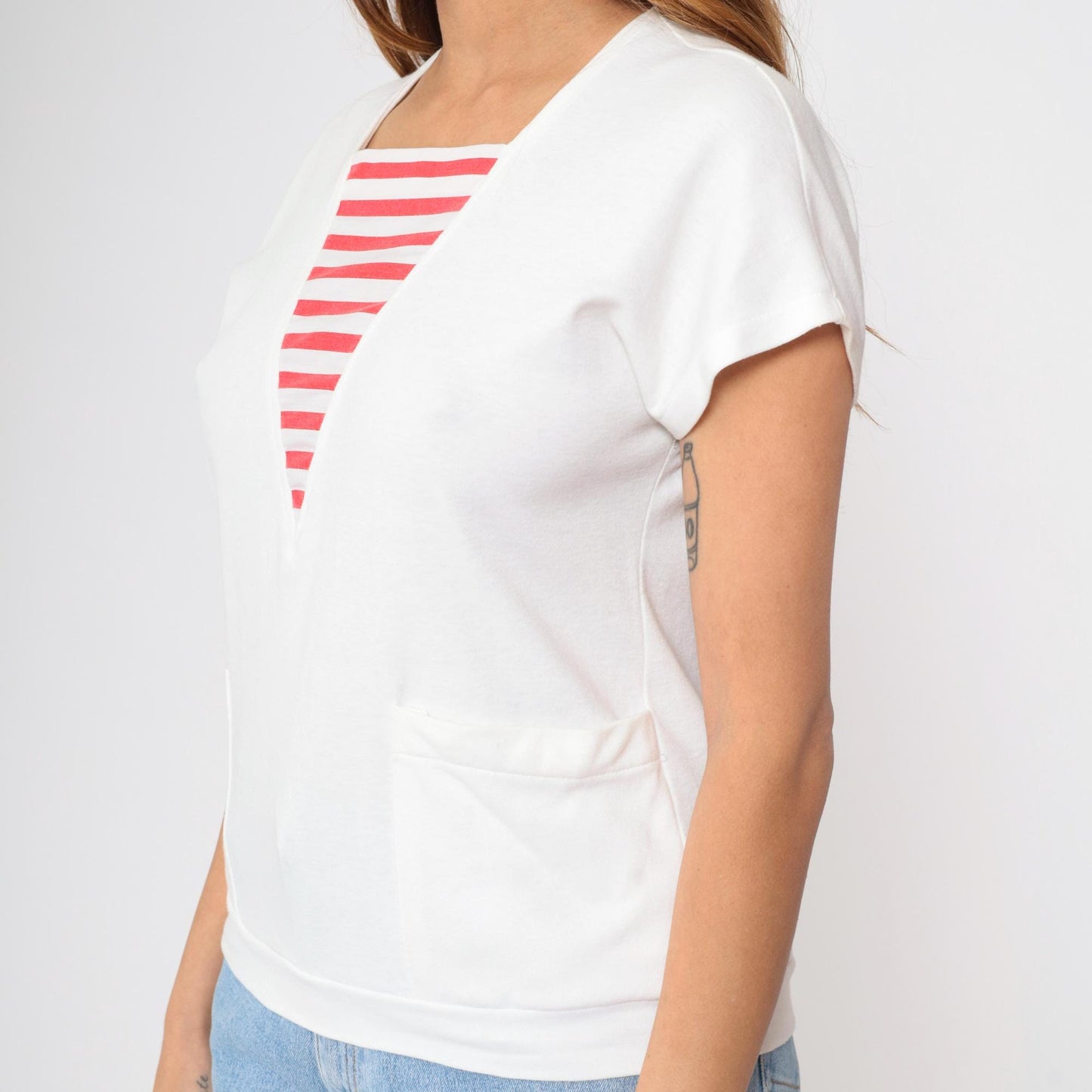 80s White Red Striped T-Shirt Nautical Pocket Tee Short Sleeve Small S