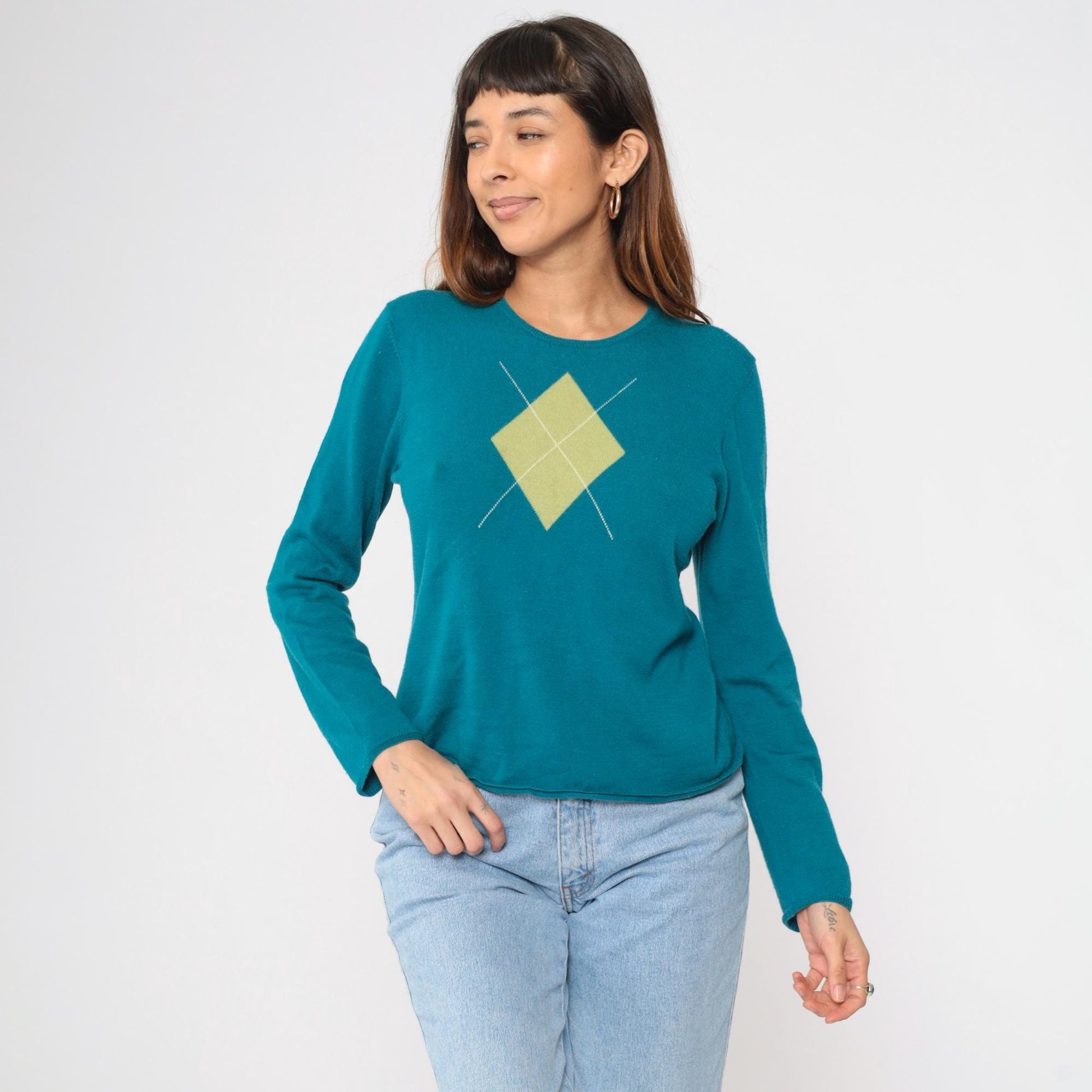 Charter Club Teal Argyle Wool Pullover Crewneck Sweater Large L