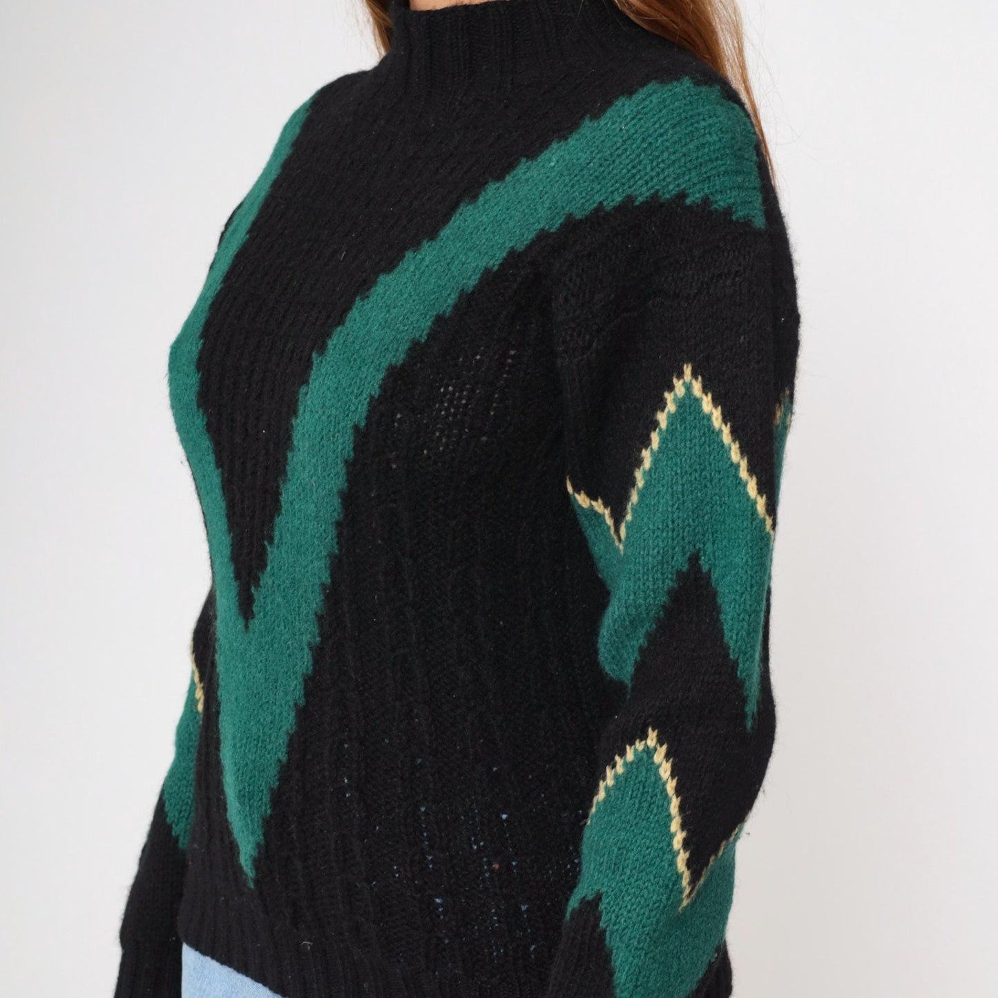 80s Skyr Sportswear Wool Sweater Chevron Zigzag Mock Neck Black Extra Small