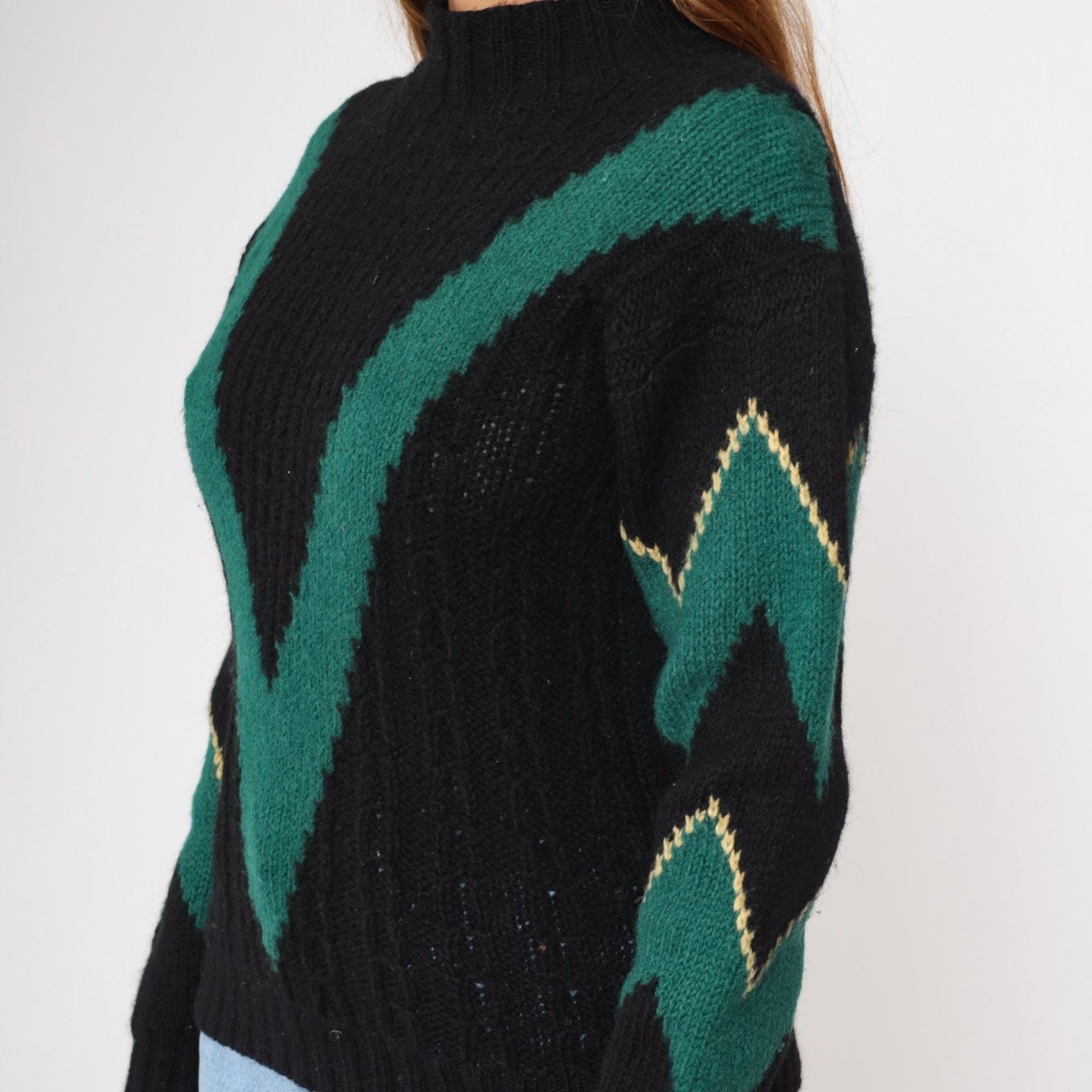 80s Skyr Sportswear Wool Sweater Chevron Zigzag Mock Neck Black Extra Small