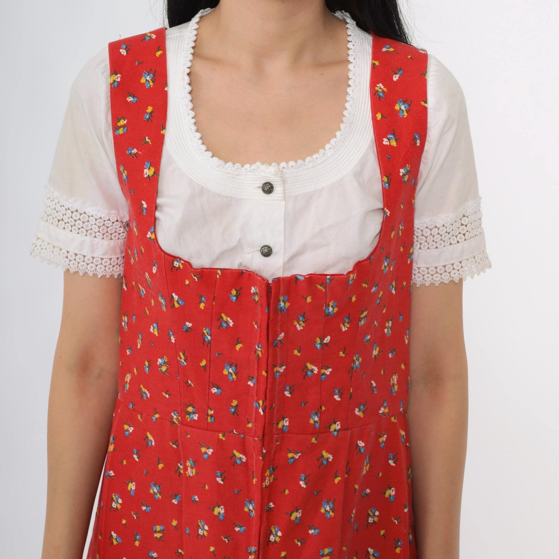 70s Red Calico Floral Dirndl Midi Dress Sleeveless High Waist Zip Medium