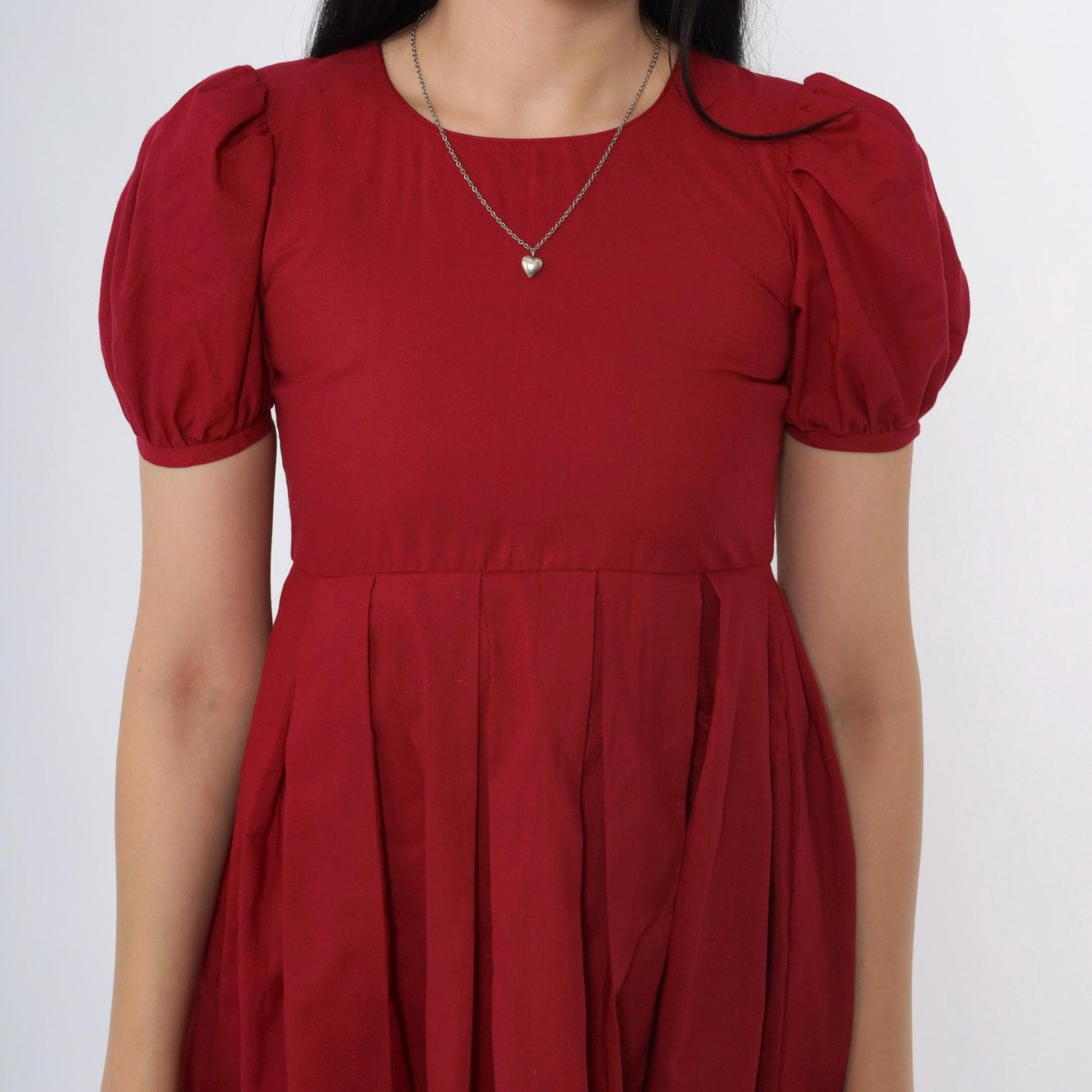 80s Burgundy Puff Sleeve Mini Dress High Waist Pleated Babydoll XXS