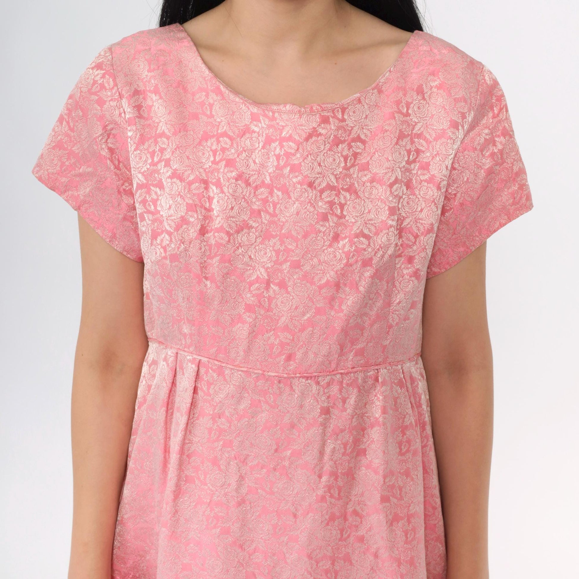 1960s Pink Floral Brocade Maxi Dress Bow Back High Waist Short Sleeve Medium