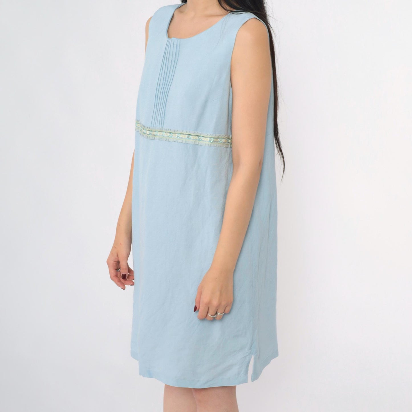Y2K Coldwater Creek Powder Blue Linen Shift Dress Pintuck Ribbon Trim Petite 12