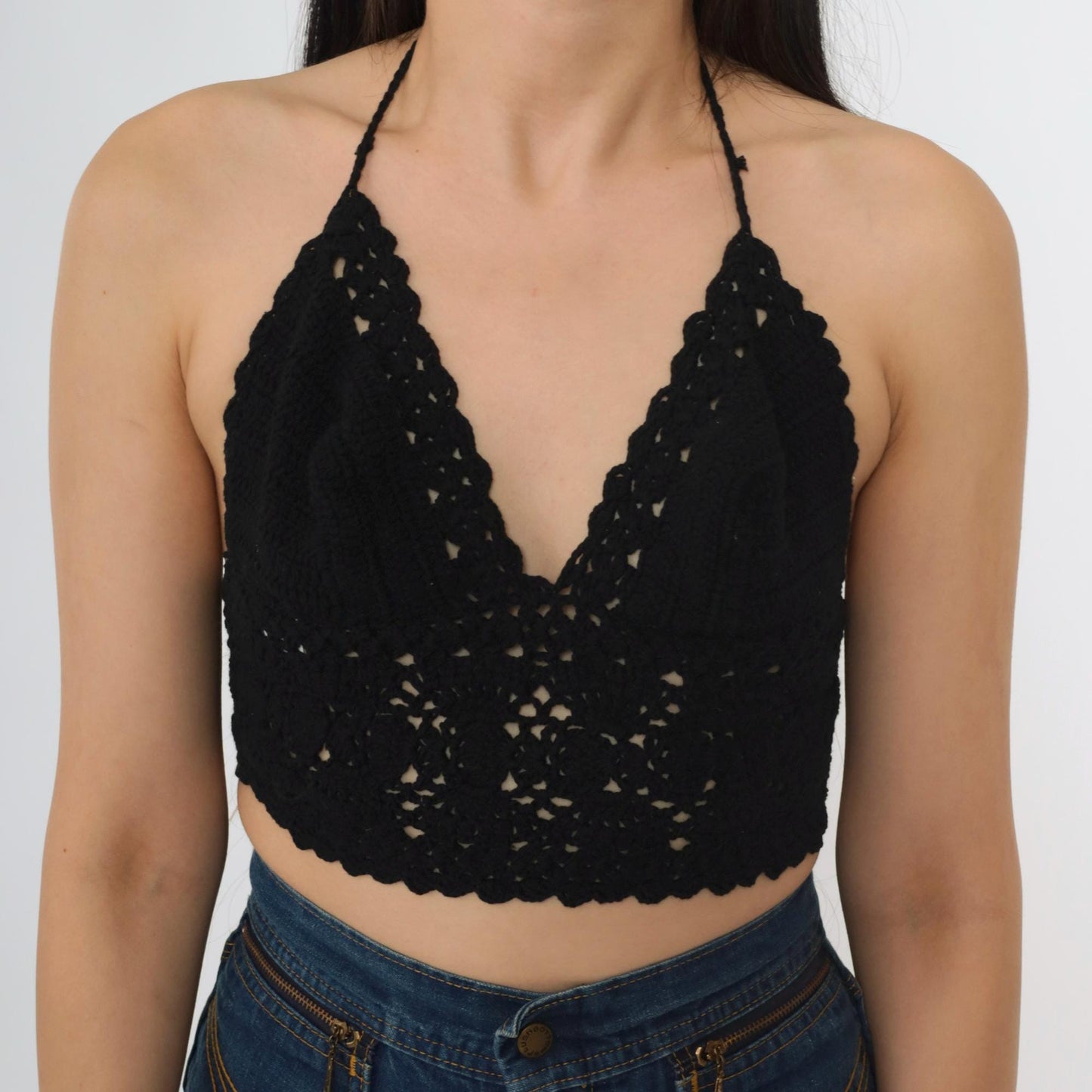 Y2K Black Crochet Halter Crop Top Tie Back V-Neck Knit Small