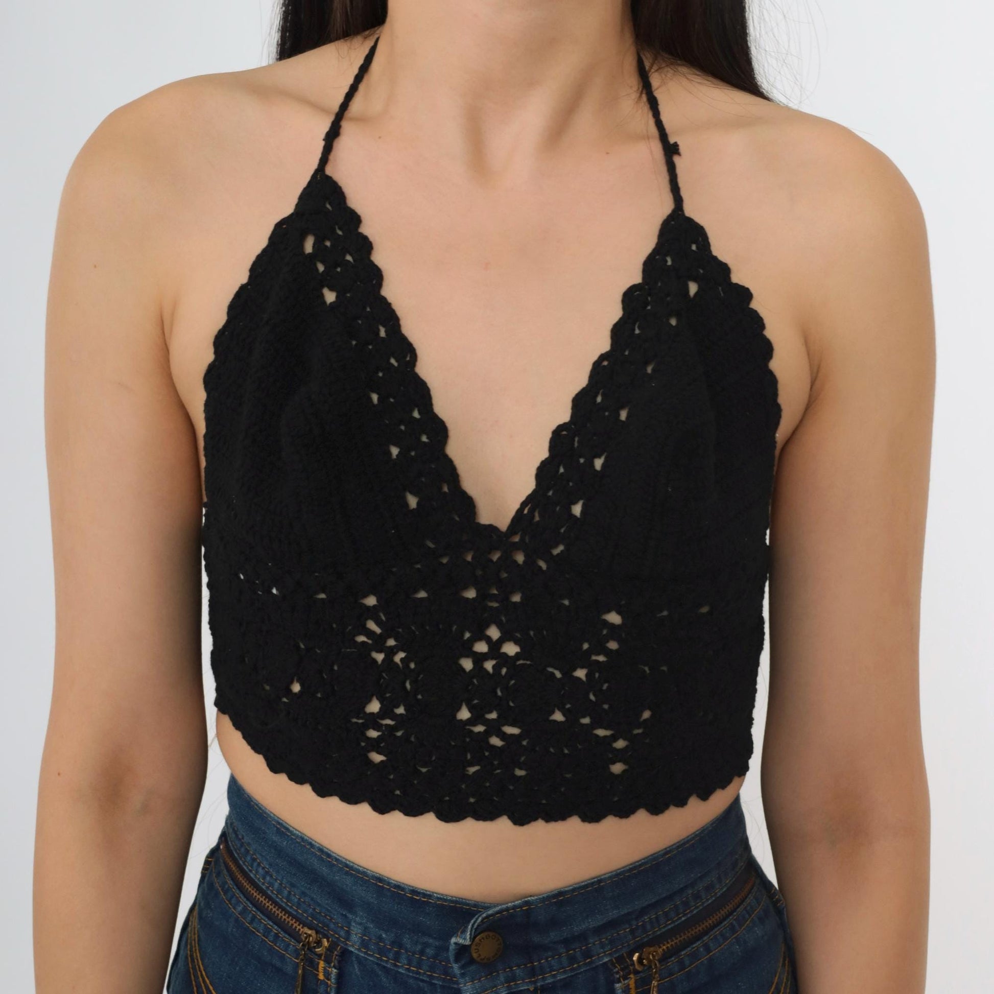 Y2K Black Crochet Halter Crop Top Tie Back V-Neck Knit Small