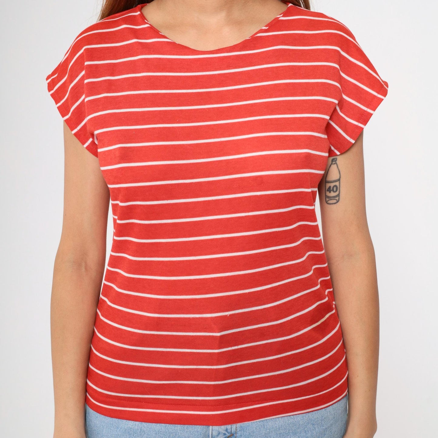 80s Red White Striped Cap Sleeve T-Shirt Gotham Vintage Small