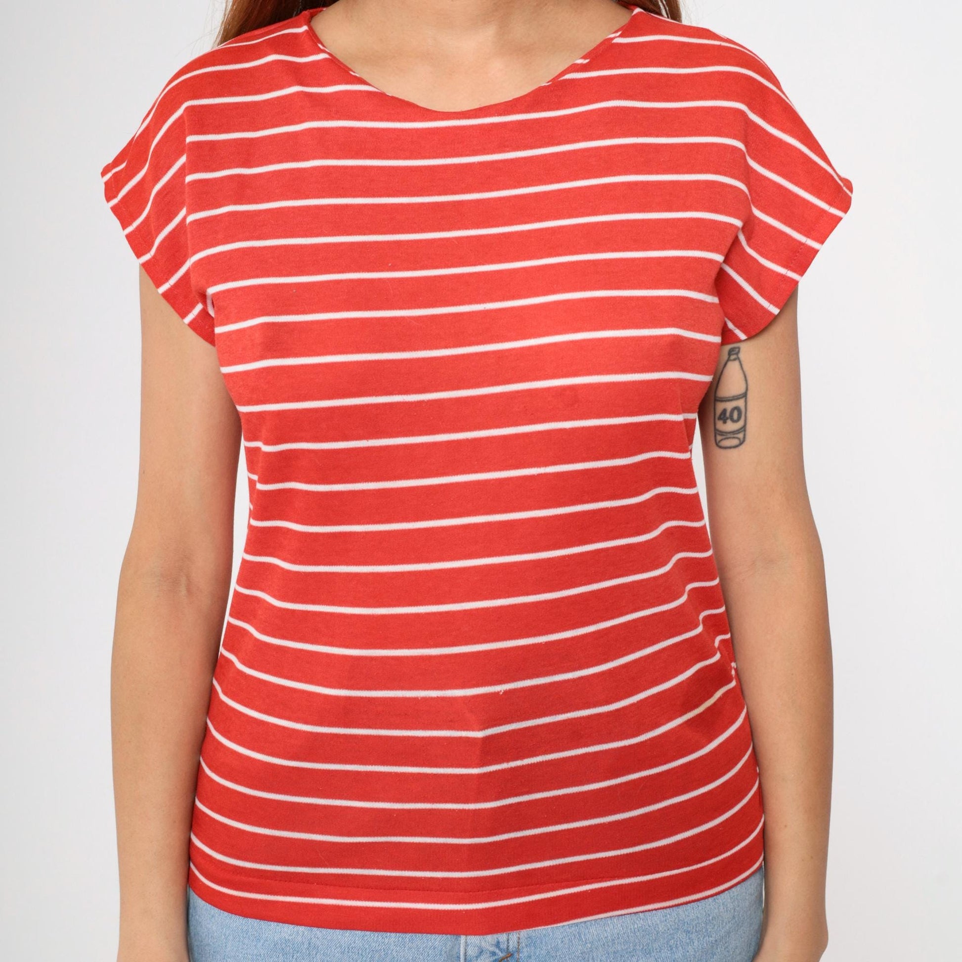 80s Red White Striped Cap Sleeve T-Shirt Gotham Vintage Small