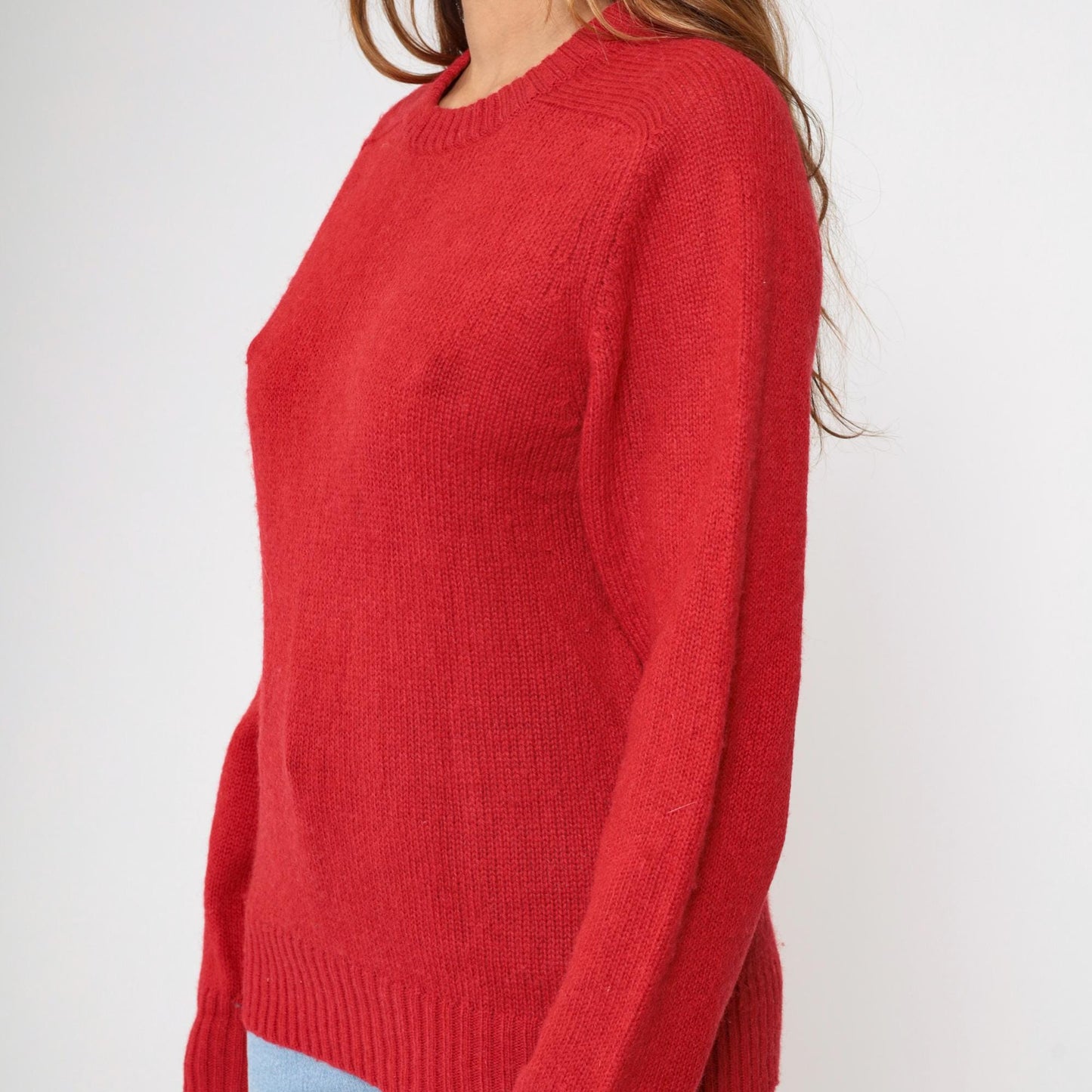 80s Red Wool Crewneck Sweater Plain Knit Pullover Medium M