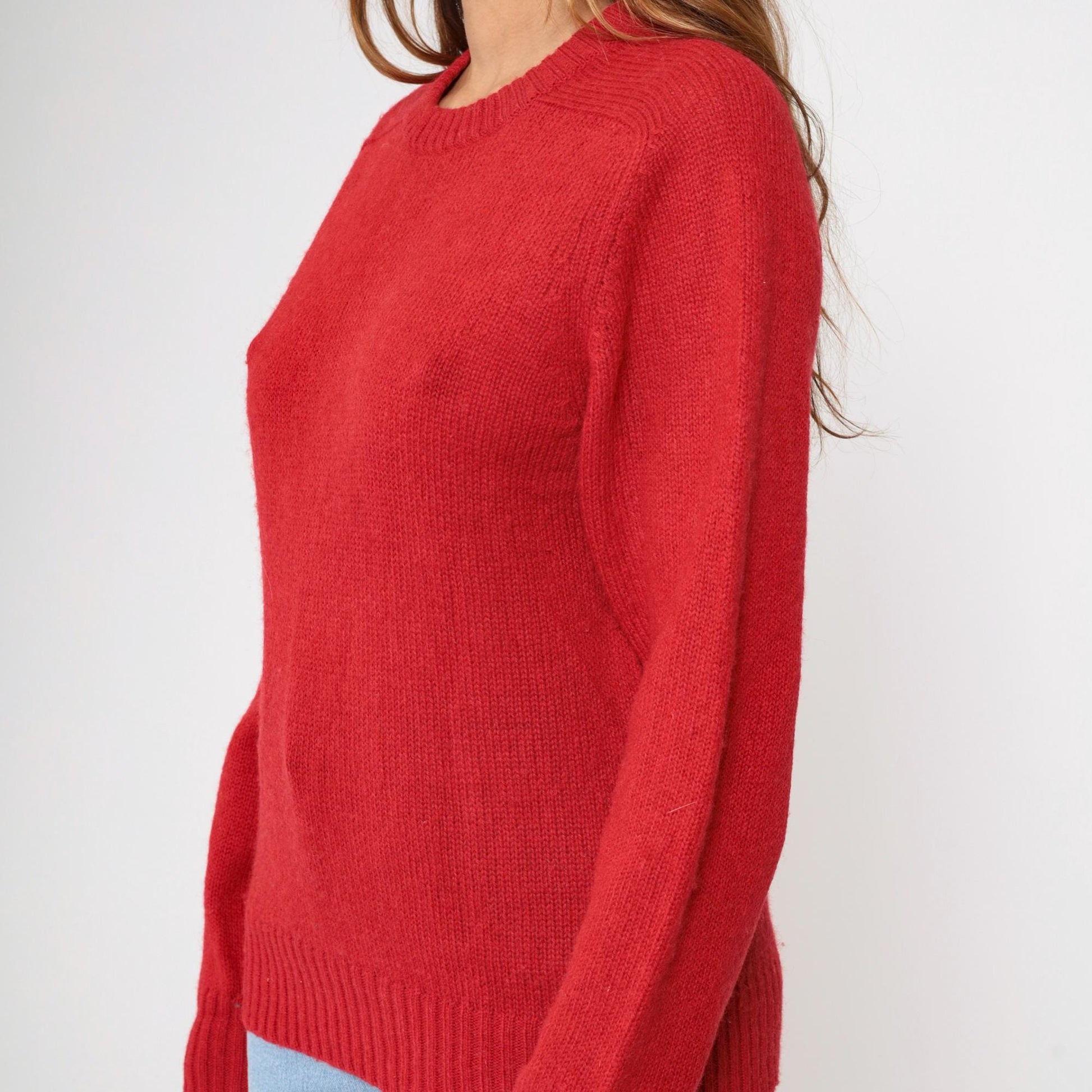 80s Red Wool Crewneck Sweater Plain Knit Pullover Medium M