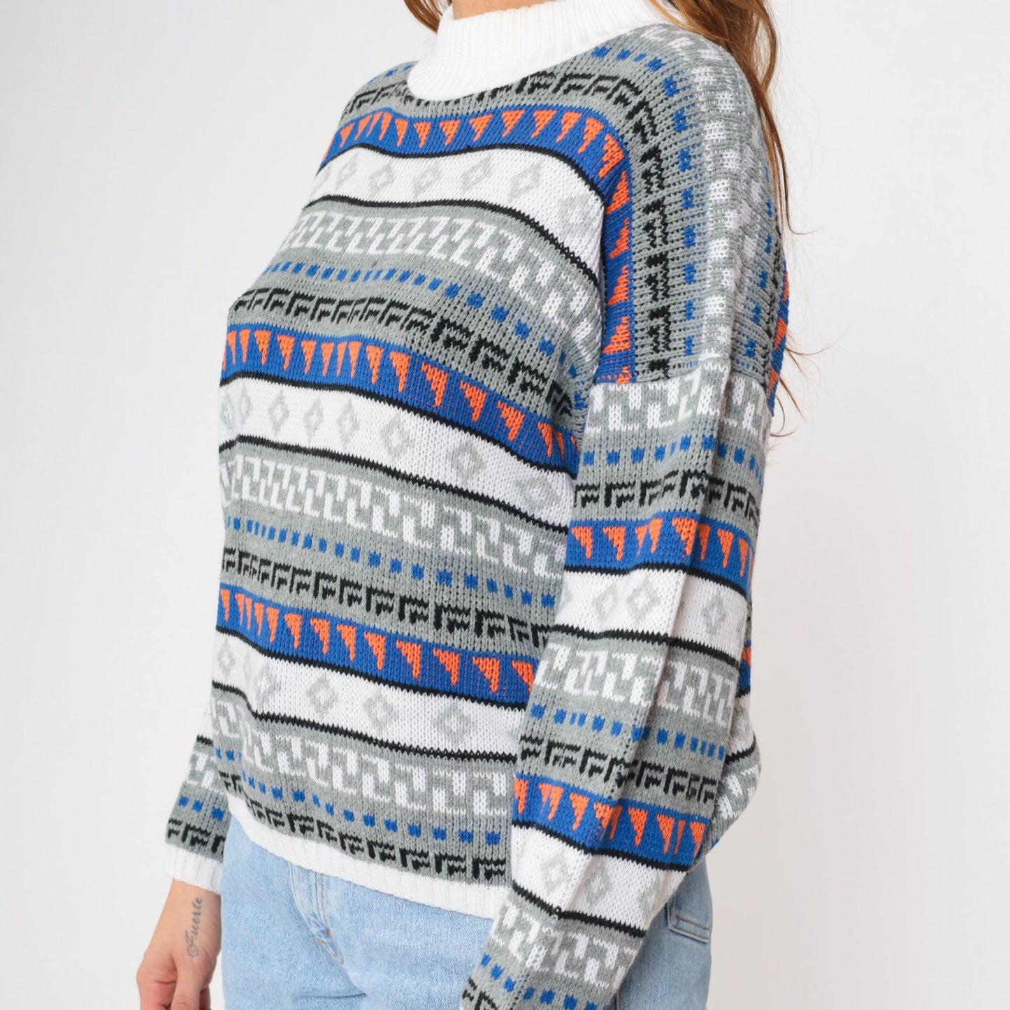 80s Geometric Striped Knit Sweater White Blue Mock Neck Pullover Medium