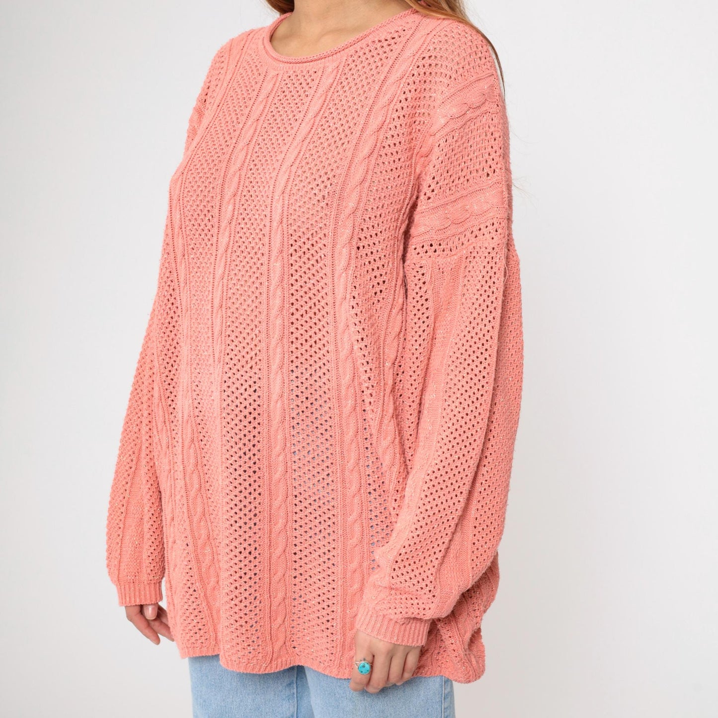 90s Metallic Pink Cable Knit Sweater Openwork Pullover Plus Size XXL