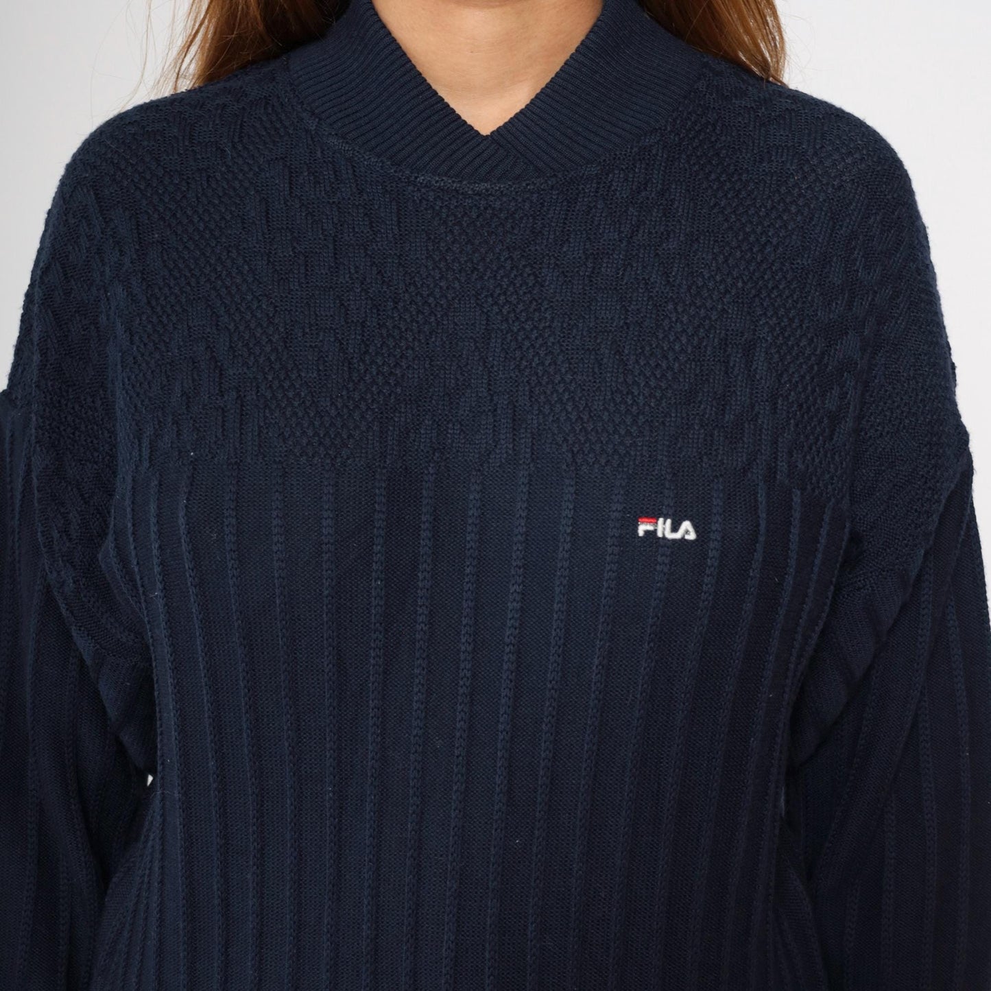 90s FILA Navy Wool Pullover Sweater Shawl Collar Ribbed Knit Small