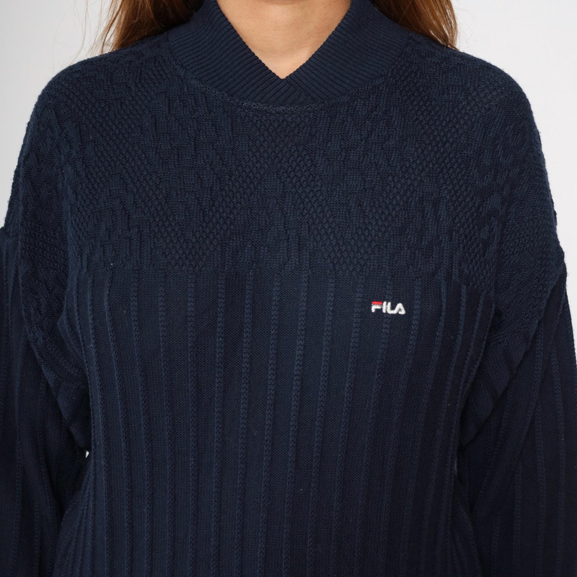 90s FILA Navy Wool Pullover Sweater Shawl Collar Ribbed Knit Small