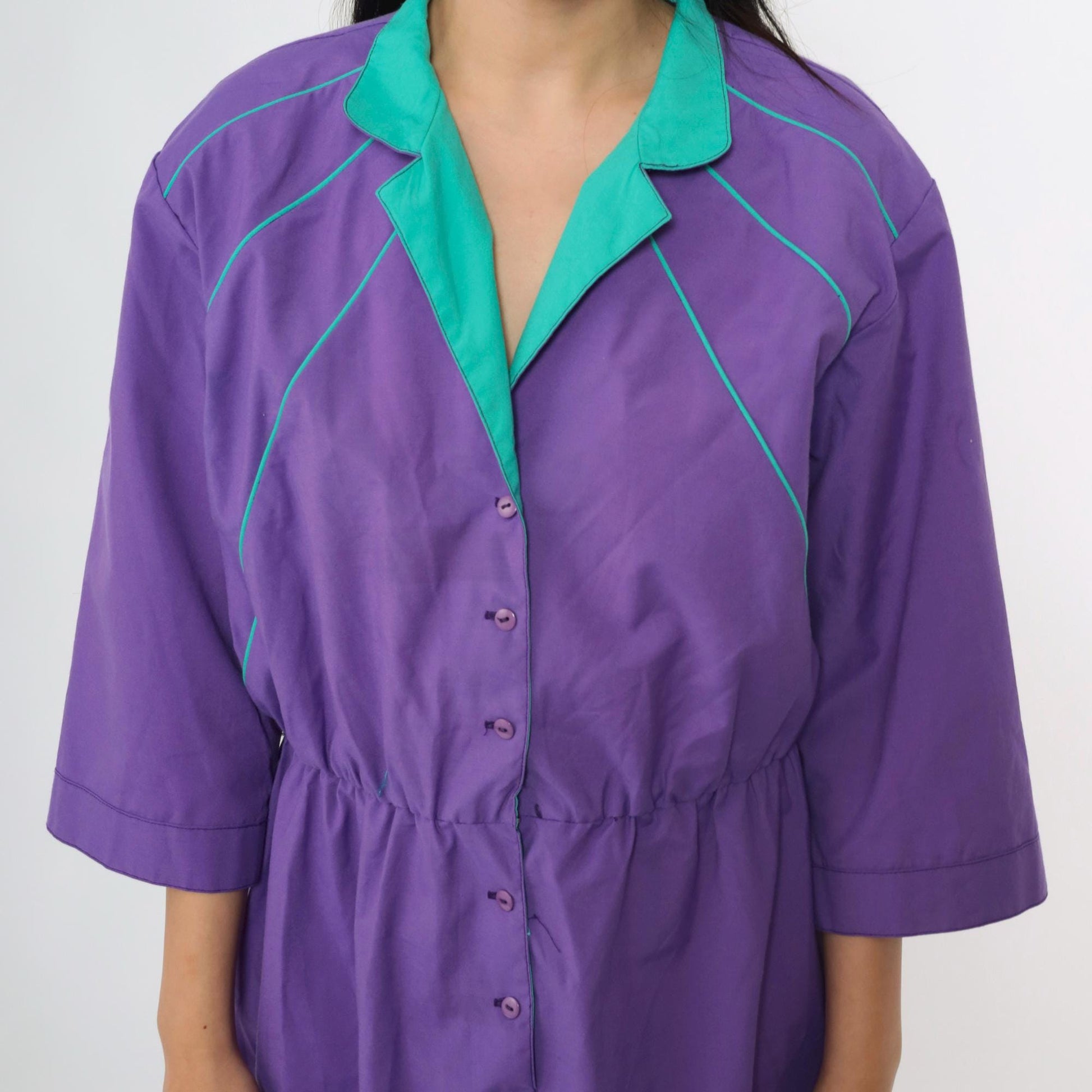 80s Purple Shirtdress Turquoise Collar Midi Button-Up High Waist Medium