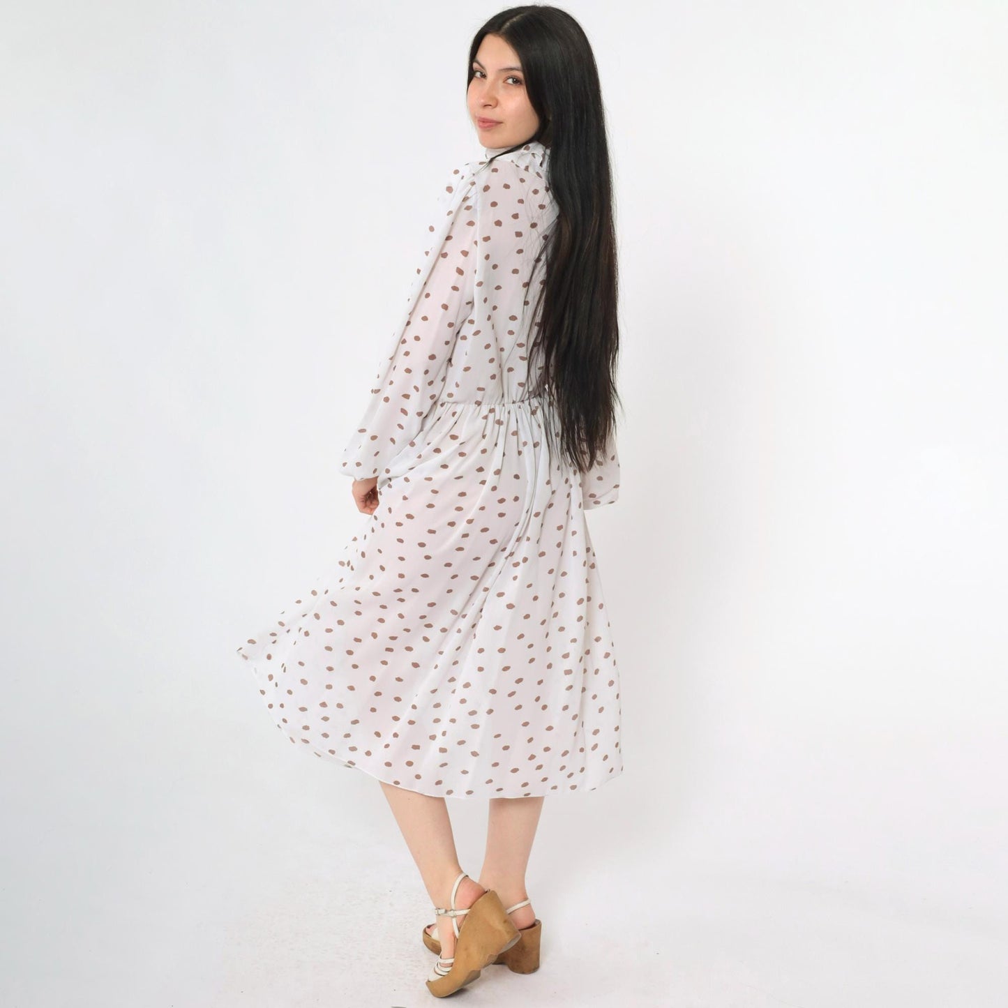 80s White Polka Dot Midi Dress Puff Sleeve Ruffled Collar High Waist Medium