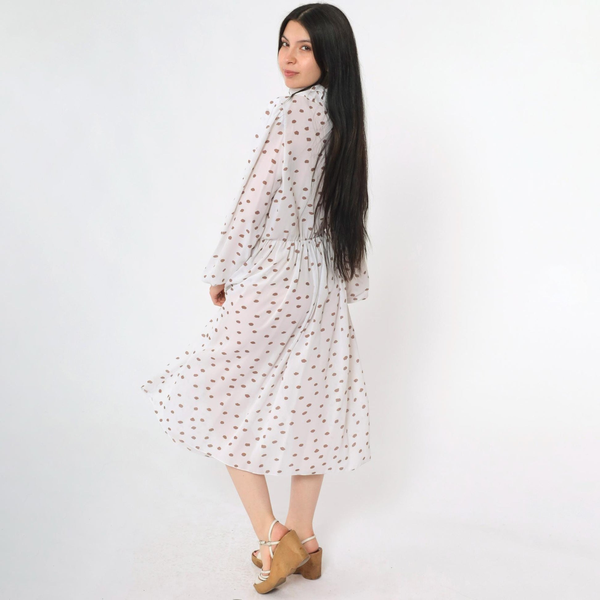 80s White Polka Dot Midi Dress Puff Sleeve Ruffled Collar High Waist Medium