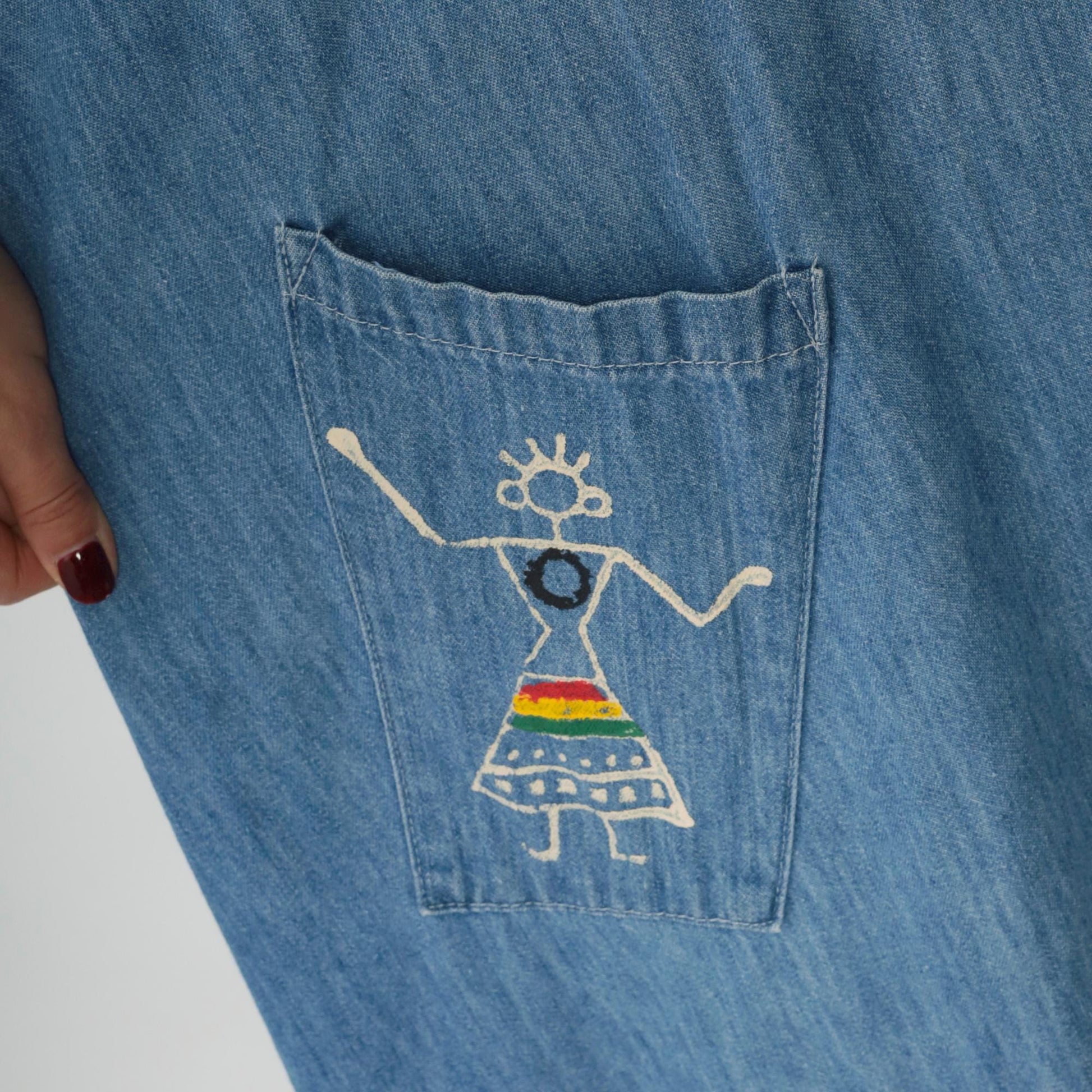 90s Over Charge Blue Denim Maxi Dress Reggae Graphic Short Sleeve Medium M