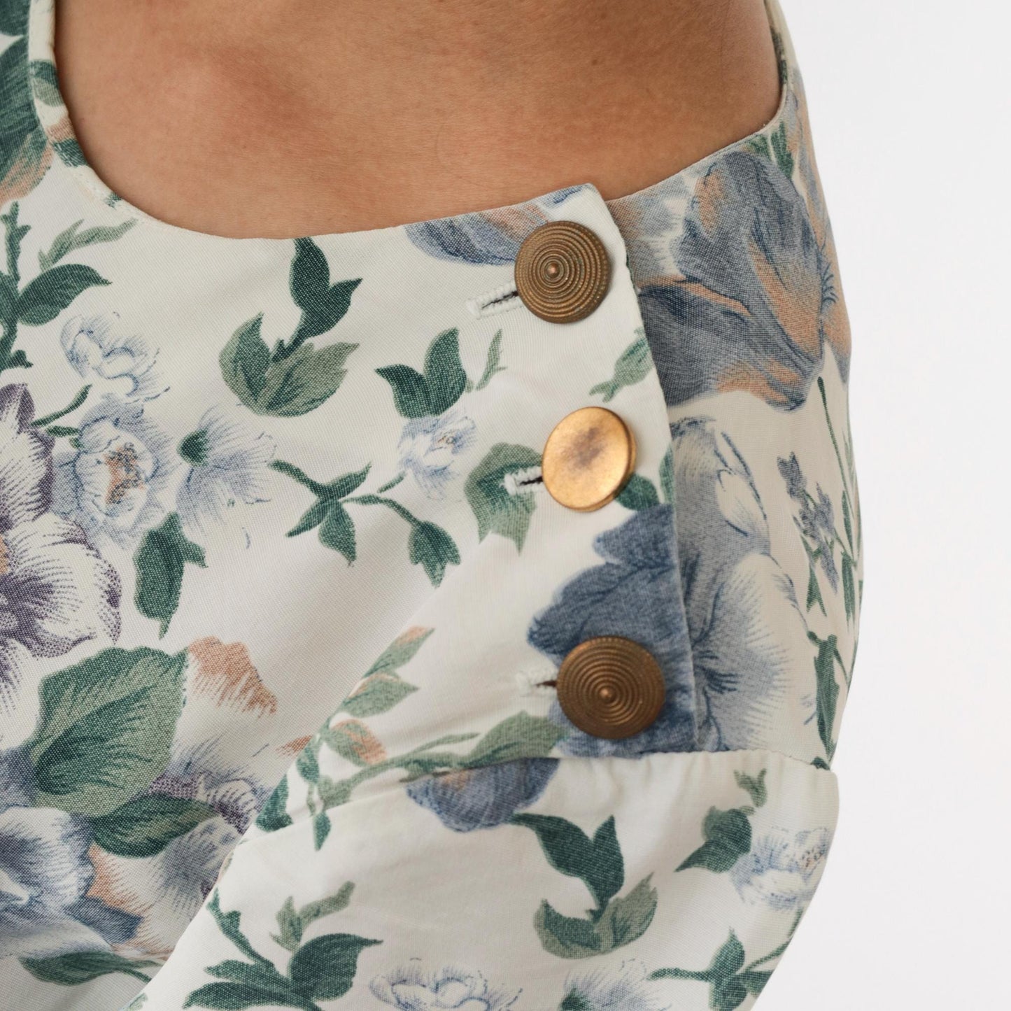 90s Floral Button Midi Dress White Blue Green Print Short Sleeve Medium M