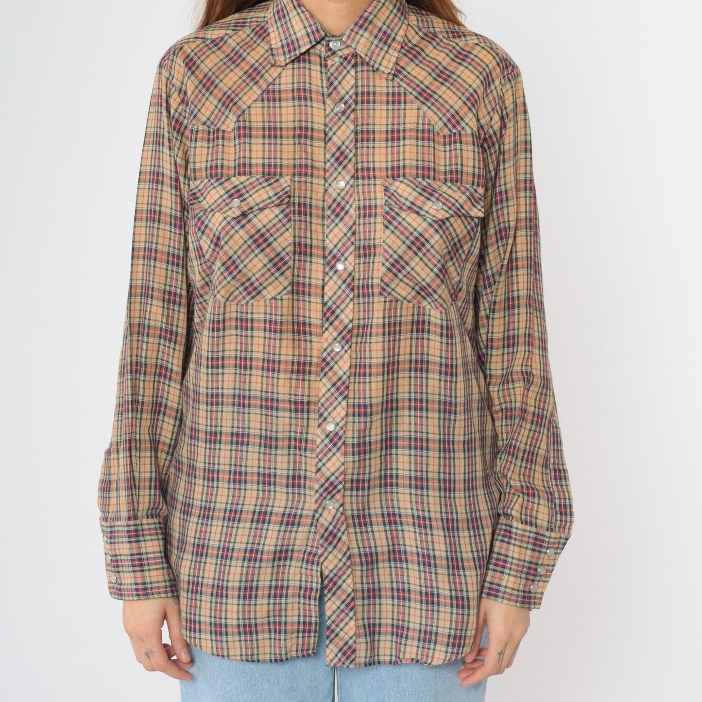 80s Plaid Western Pearl Snap Shirt Tan Red Blue Men's Medium