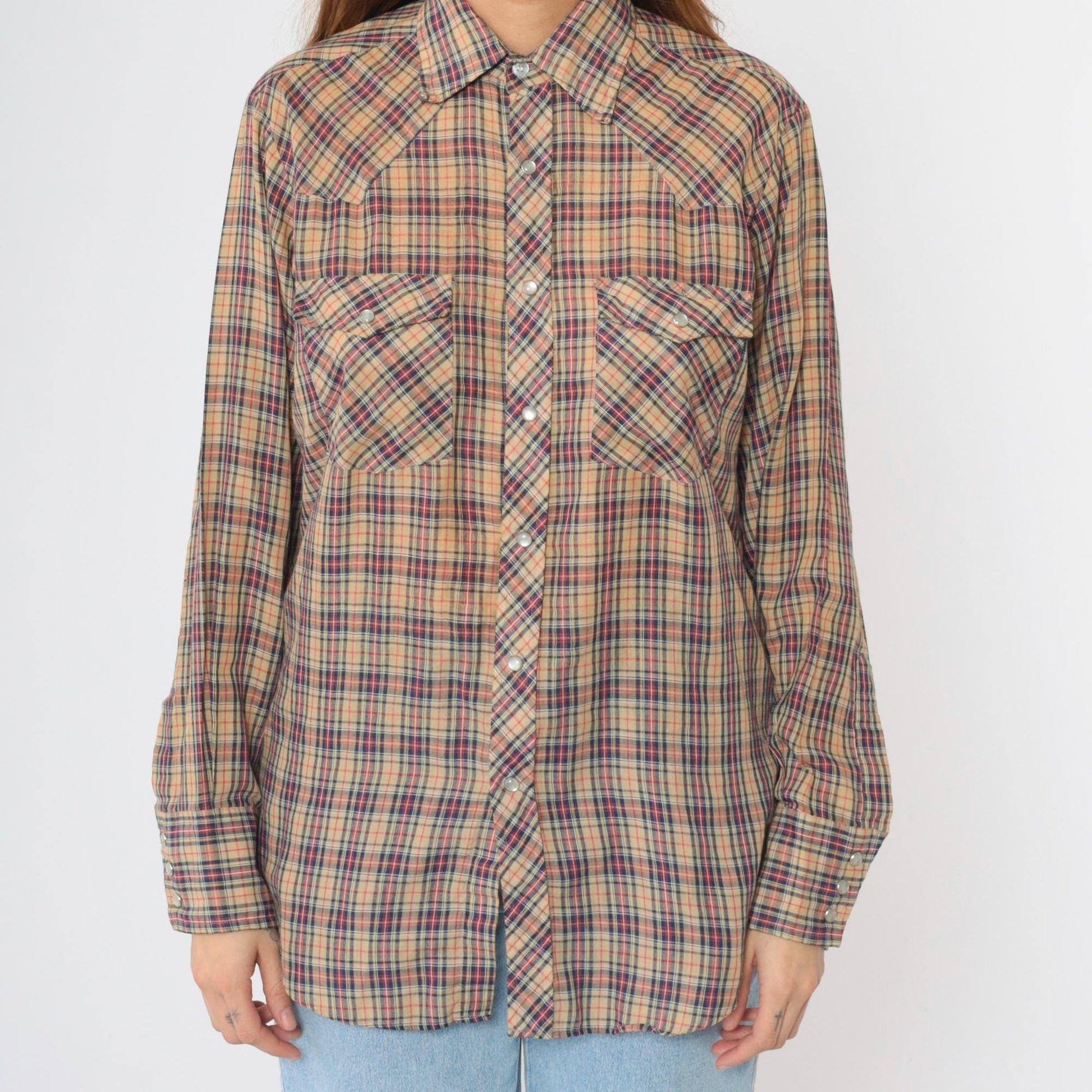 80s Plaid Western Pearl Snap Shirt Tan Red Blue Men's Medium