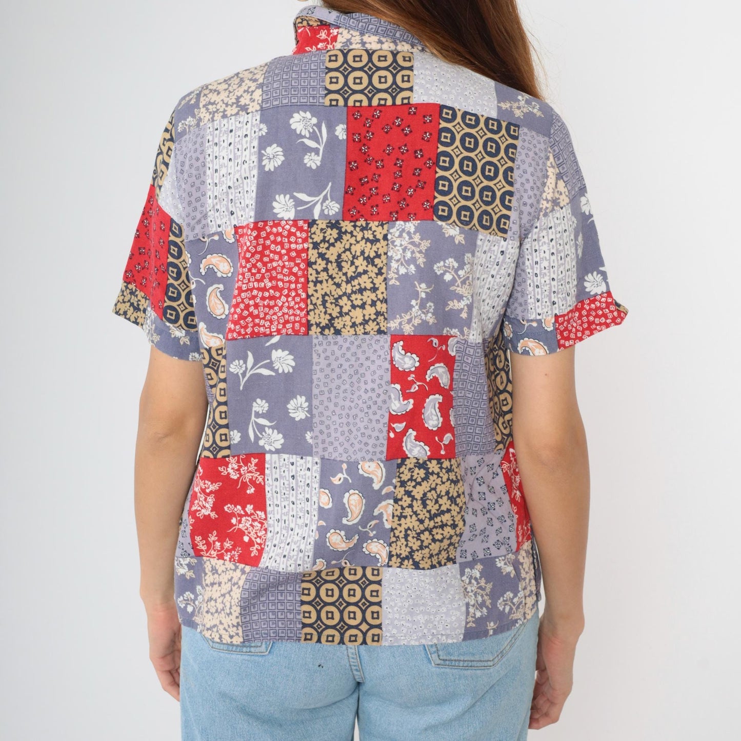 90s Alfred Dunner Patchwork Floral Paisley Button Up Blouse Muted Blue Red Medium