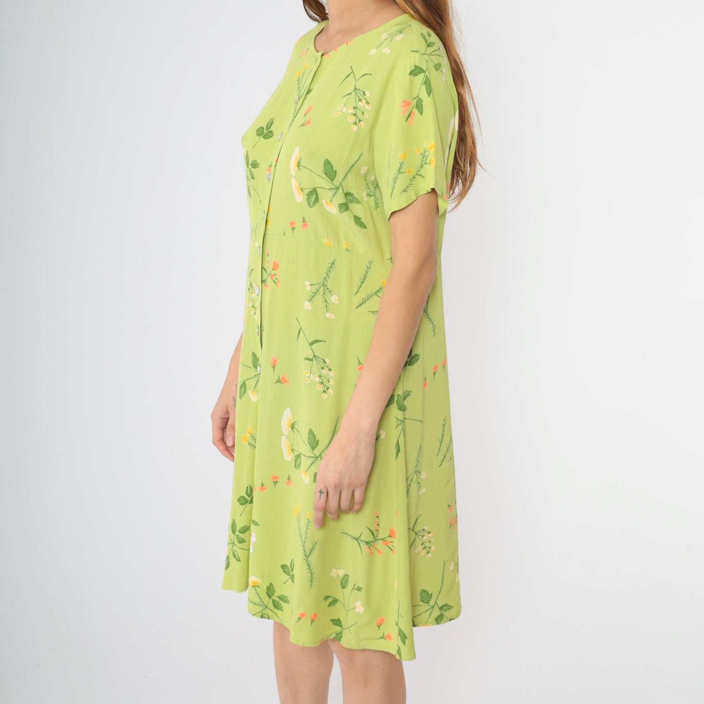 90s Lime Green Floral Rayon Dress High Waist Button Front Knee Length Large