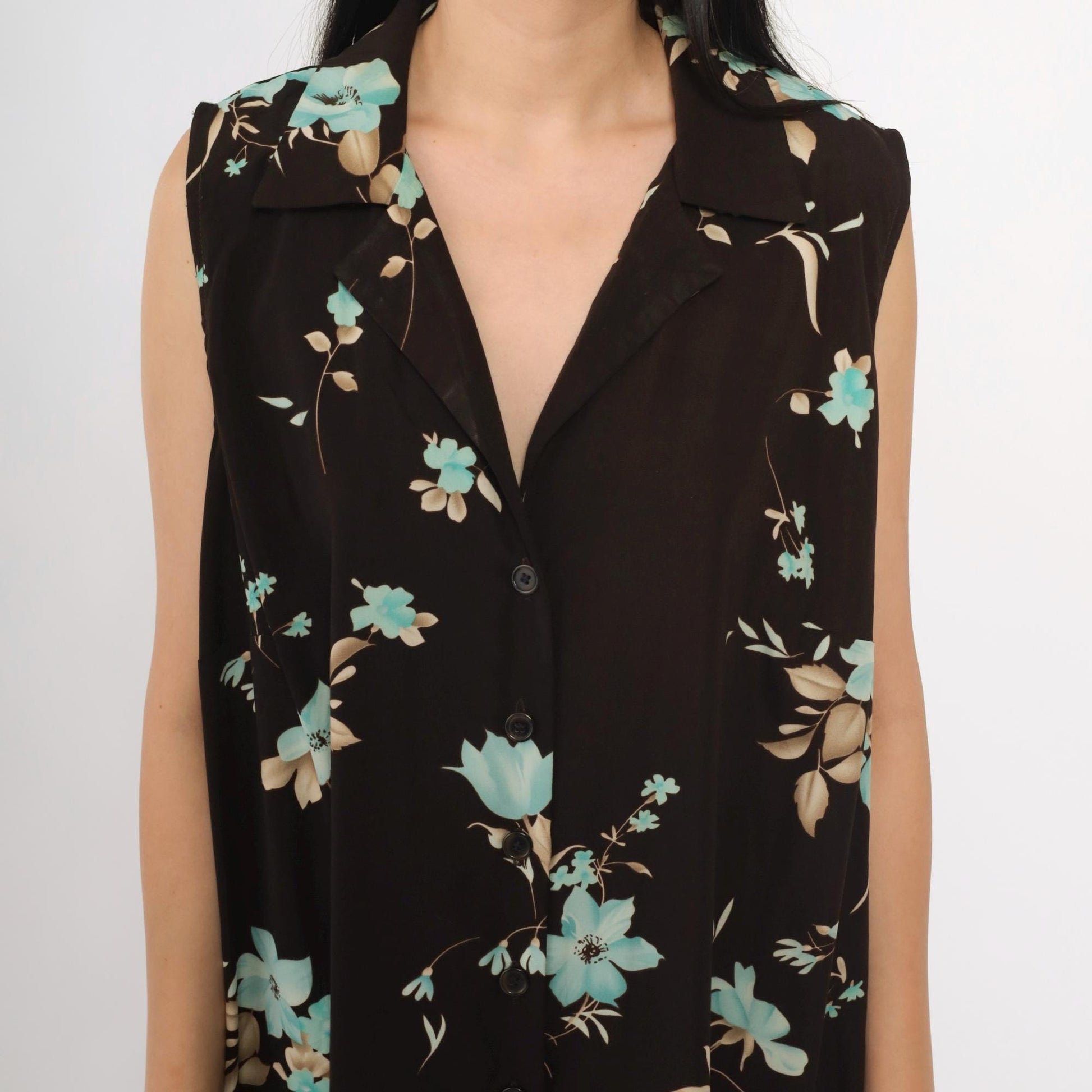 90s Studio I Brown Floral Maxi Dress Plus Size 18W Sleeveless Collared V-Neck