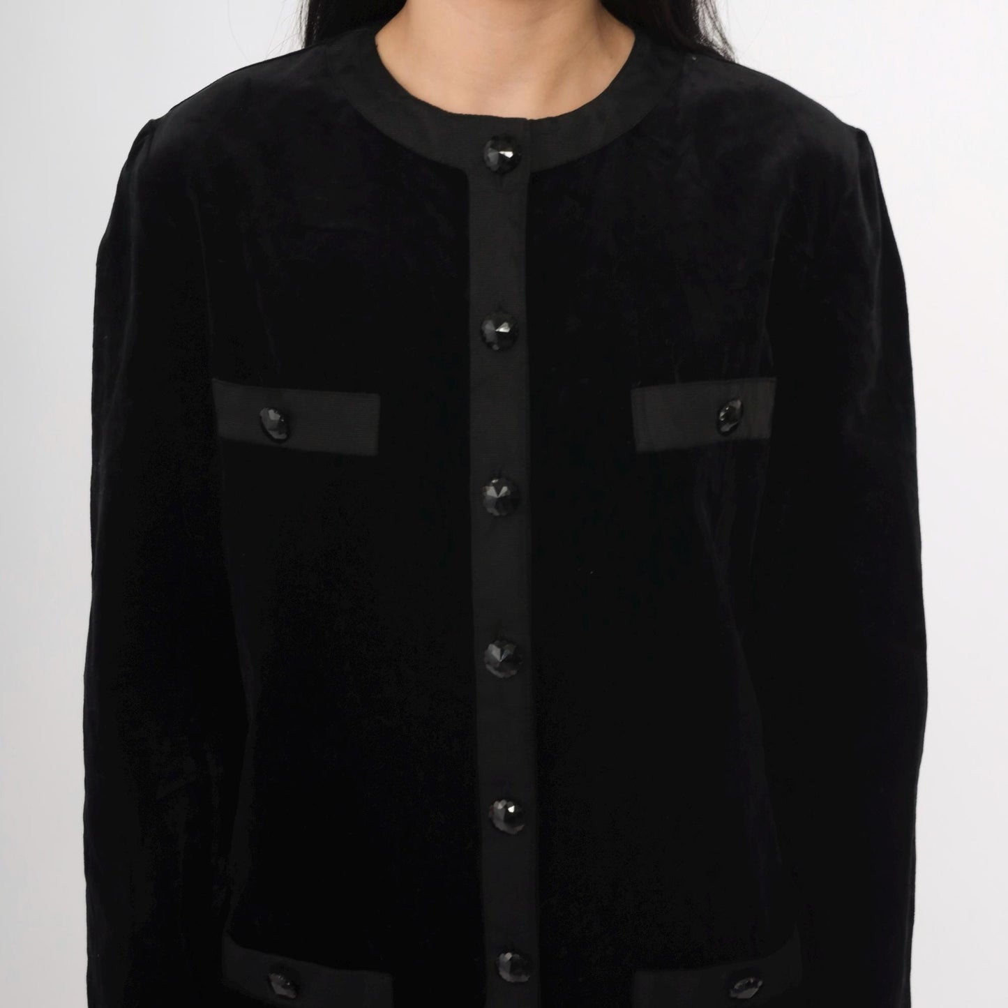 80s Black Velvet Jacket Dress Mini Button-Up Long Sleeve Medium