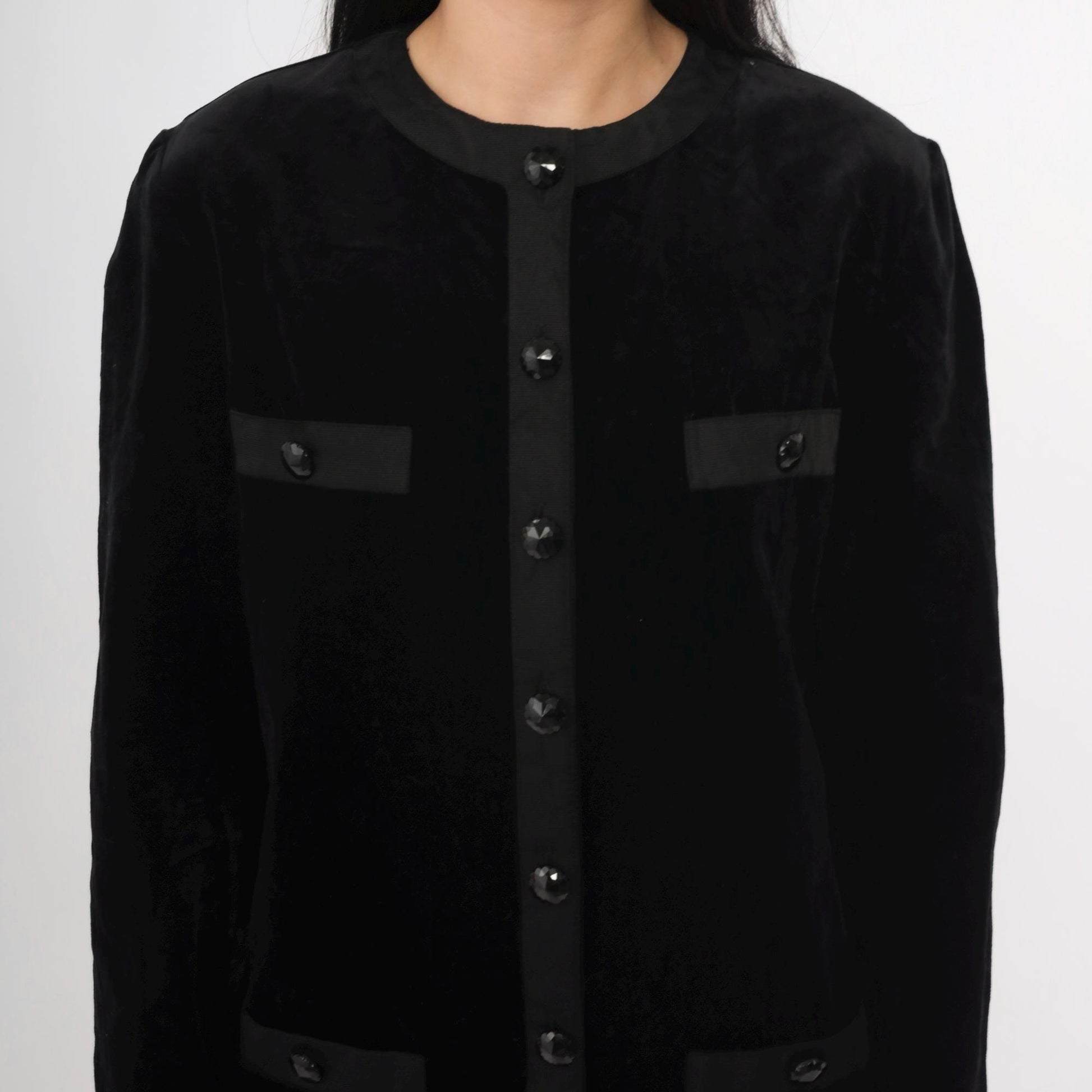 80s Black Velvet Jacket Dress Mini Button-Up Long Sleeve Medium