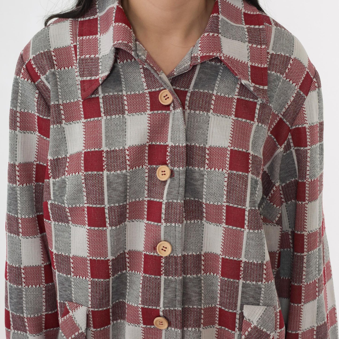 70s Grey Burgundy Plaid Button-Up Shirt Long Sleeve Collared Blouse Extra Large