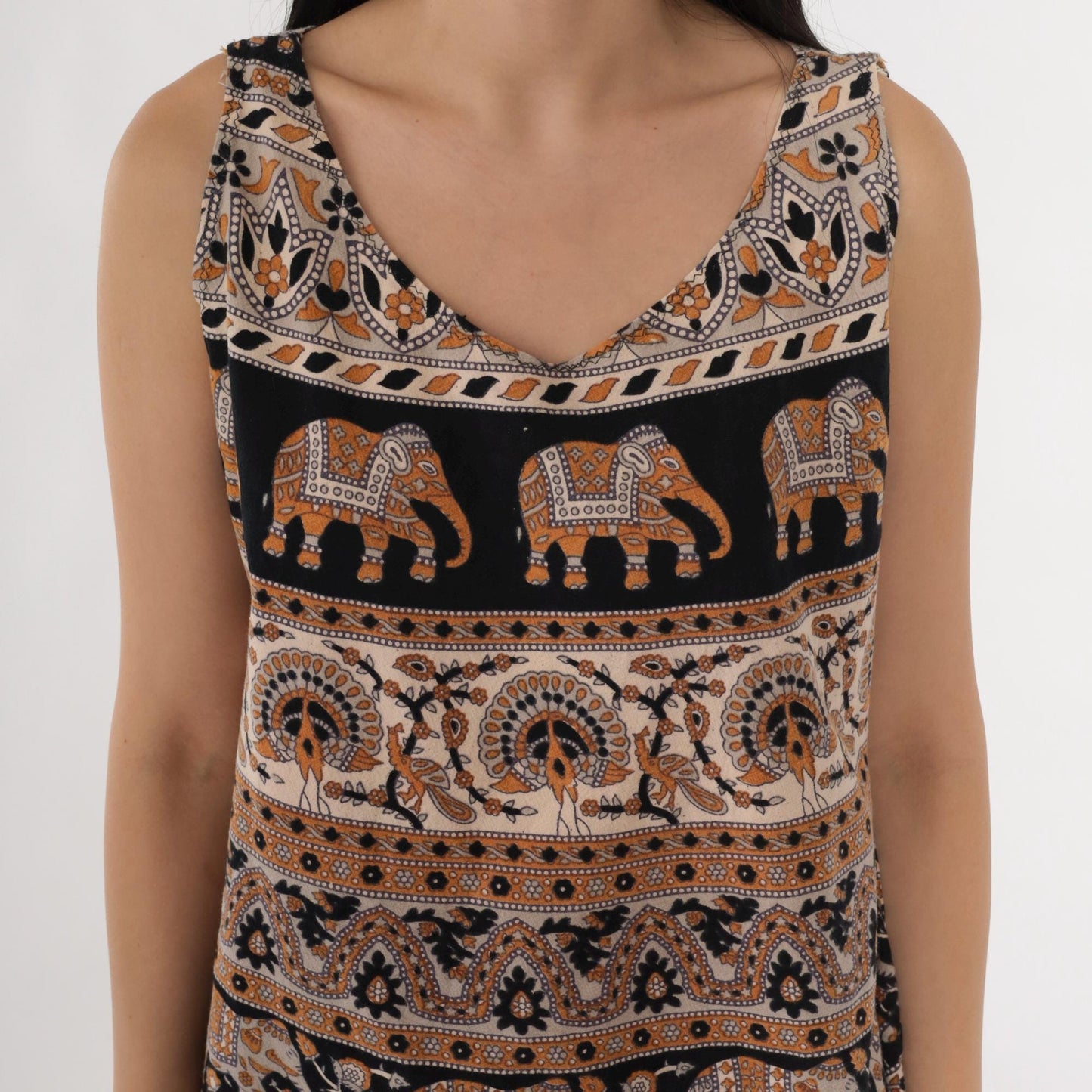 Y2K Elephant Peacock Print Tank Top Scoop Neck Black Orange Medium M