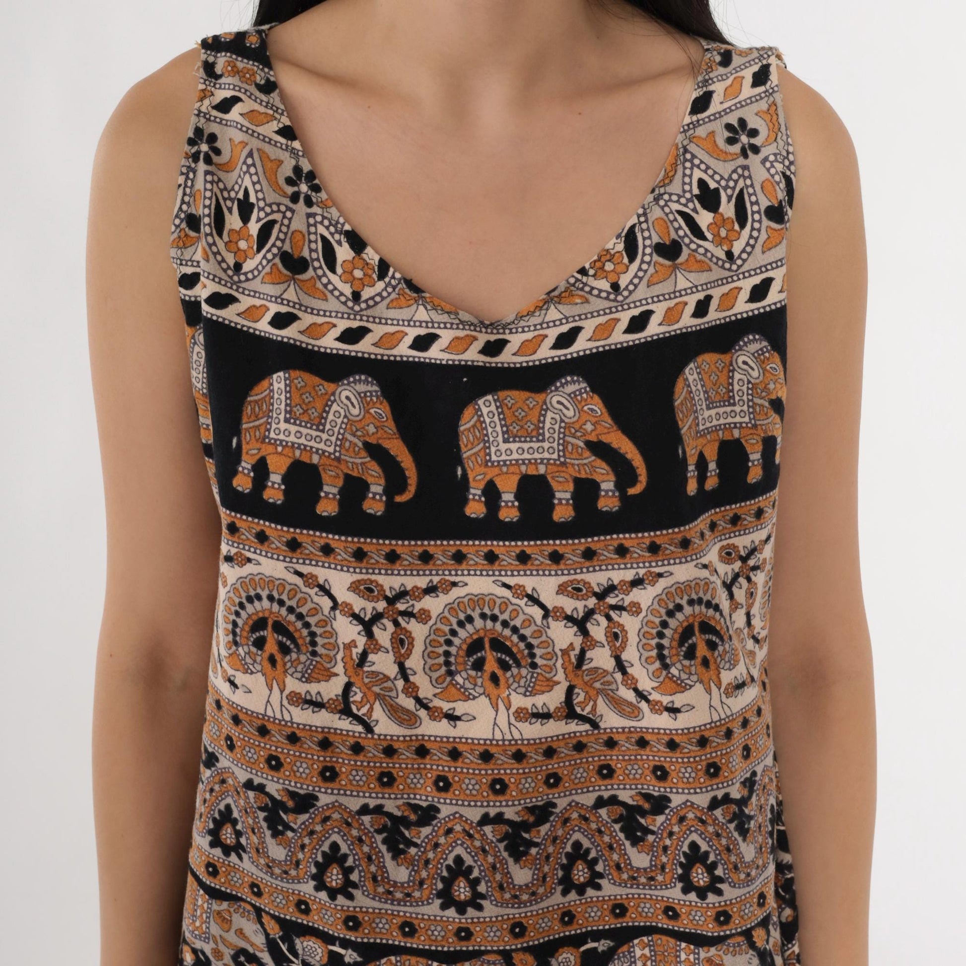 Y2K Elephant Peacock Print Tank Top Scoop Neck Black Orange Medium M