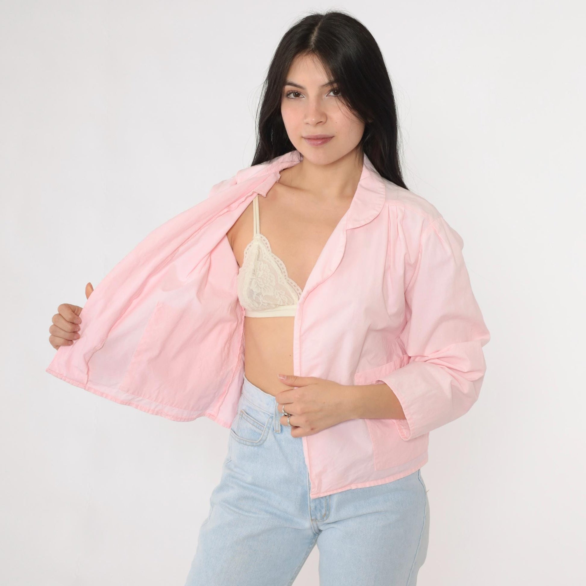 80s Liberated Lady Baby Pink Cotton Open Front Blazer Medium