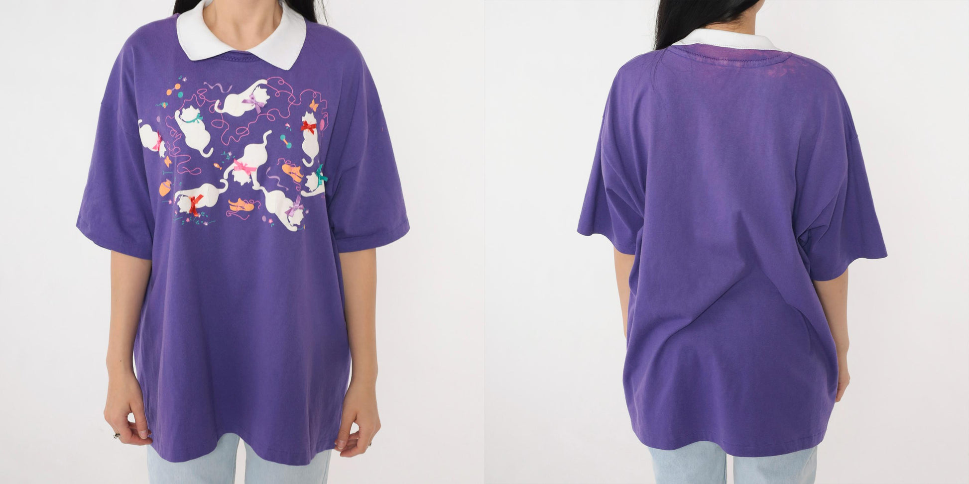 90s Purple Cat Graphic T-Shirt Bow Appliqué Collared Tee Extra Large