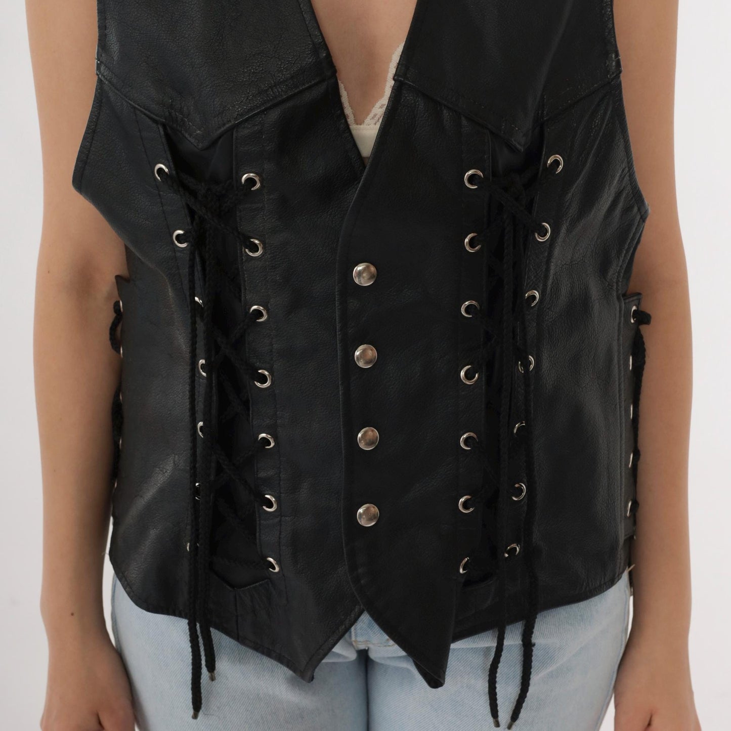 90s Black Leather Lace-Up Vest V-Neck Snap Button Sleeveless Small